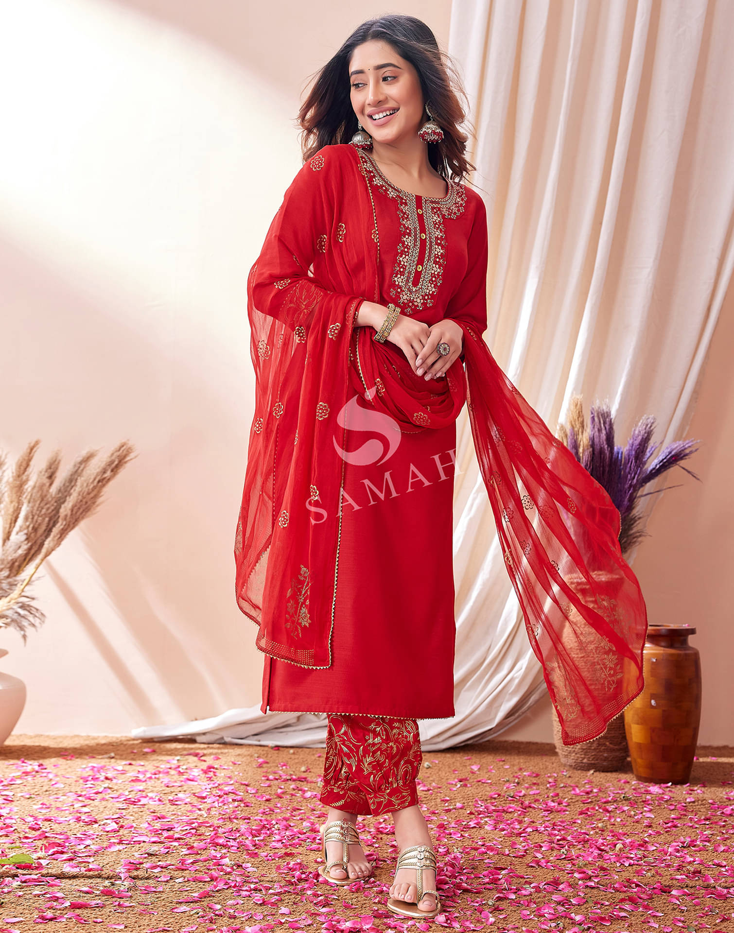     			Skylee Cotton Blend Embroidered Kurti With Pants Women's Stitched Salwar Suit - Red ( Pack of 1 )