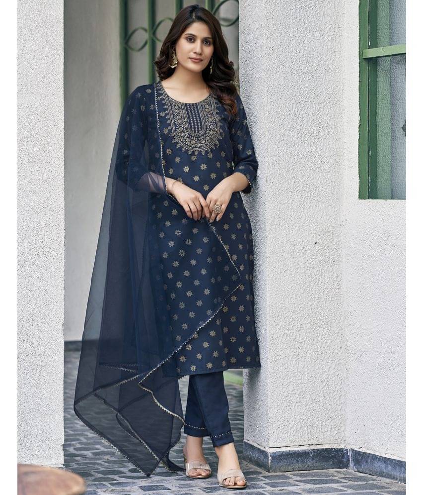 Skylee Cotton Blend Embroidered Kurti With Pants Women's Stitched Salwar Suit - Blue ( Pack of 1 ) Skylee Cotton Blend Embroidered Kurti With Pants Women's Stitched Salwar Suit - Blue ( Pack of 1 )