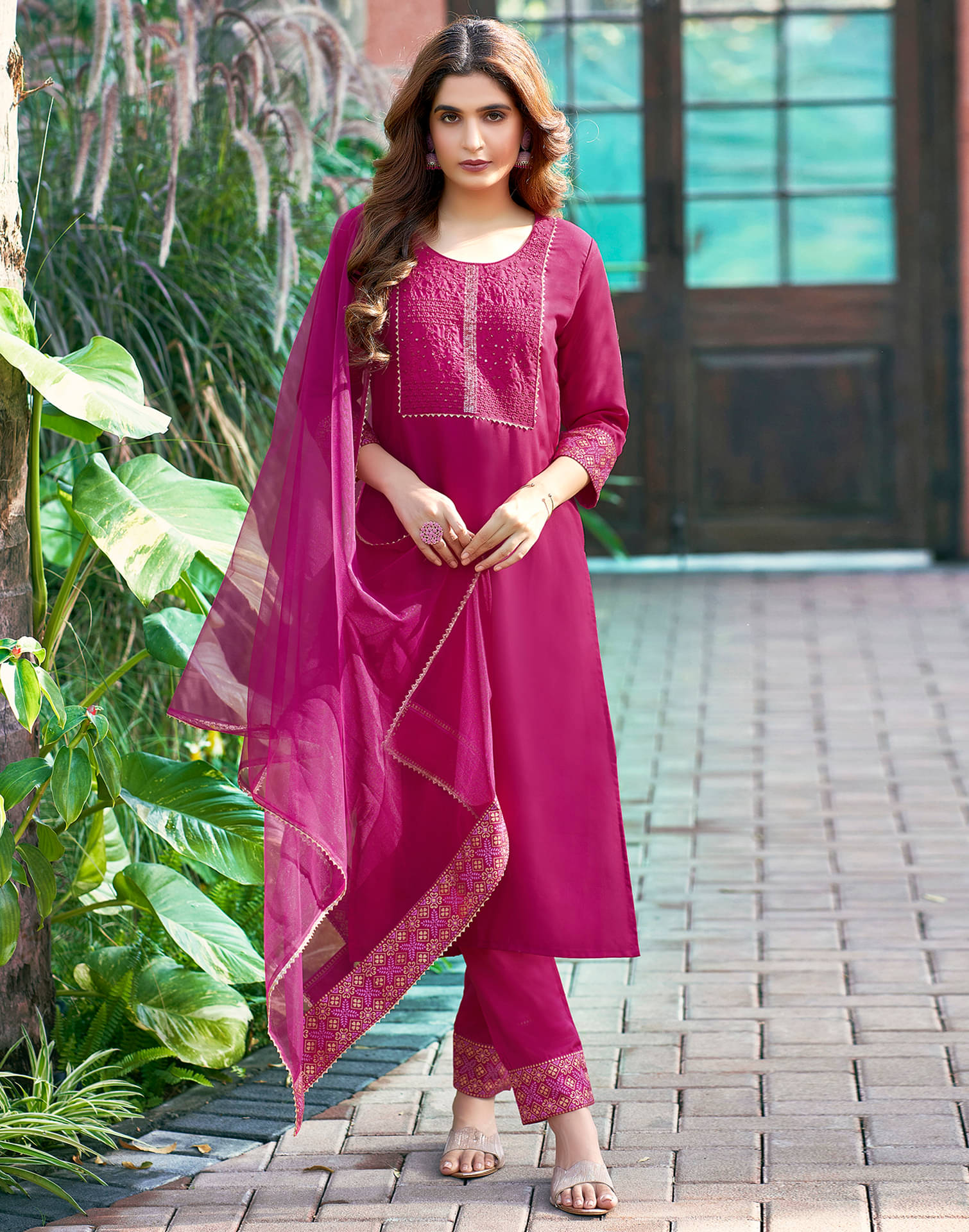     			Skylee Cotton Blend Embroidered Kurti With Pants Women's Stitched Salwar Suit - Pink ( Pack of 1 )