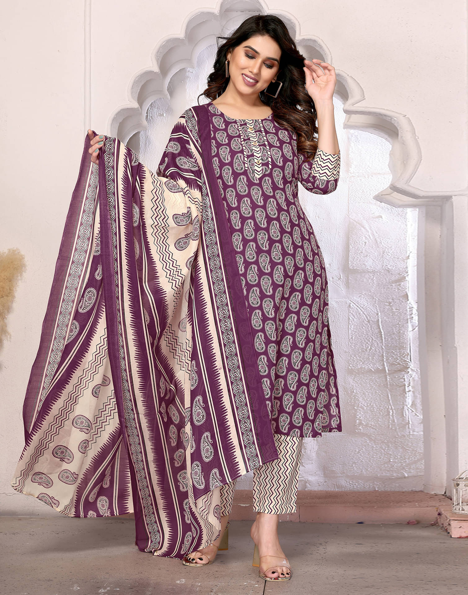     			Skylee Cotton Blend Printed Kurti With Pants Women's Stitched Salwar Suit - Purple ( Pack of 1 )