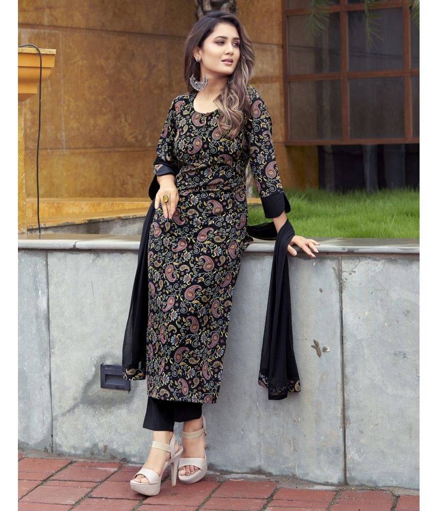     			Skylee Crepe Printed Kurti With Pants Women's Stitched Salwar Suit - Black ( Pack of 1 )