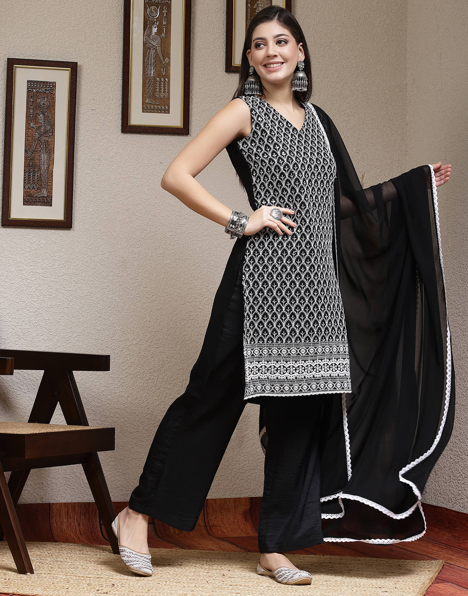     			Skylee Georgette Embroidered Kurti With Pants Women's Stitched Salwar Suit - Black ( Pack of 1 )