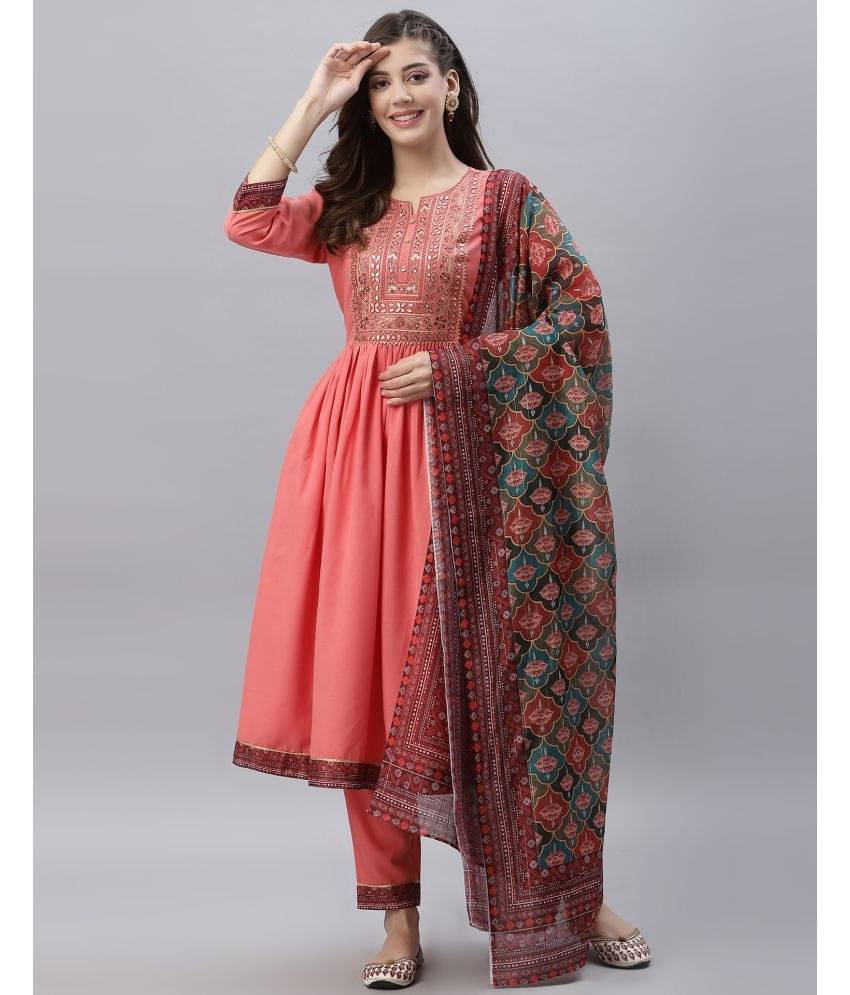 Skylee Rayon Embroidered Kurti With Pants Women's Stitched Salwar Suit - Peach ( Pack of 1 ) Skylee Rayon Embroidered Kurti With Pants Women's Stitched Salwar Suit - Peach ( Pack of 1 )