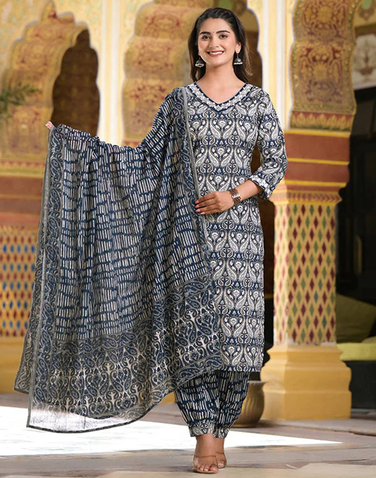     			Skylee Rayon Printed Kurti With Pants Women's Stitched Salwar Suit - Blue ( Pack of 1 )