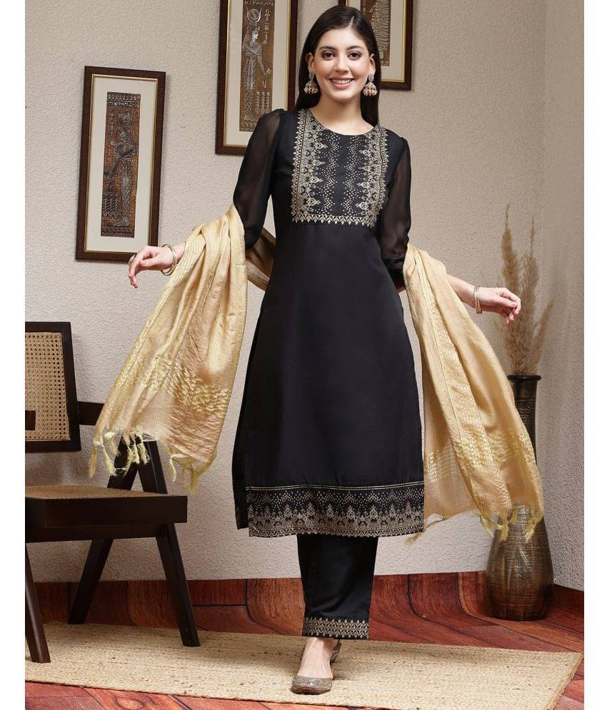 Skylee Rayon Printed Kurti With Pants Women's Stitched Salwar Suit - Black ( Pack of 1 ) Skylee Rayon Printed Kurti With Pants Women's Stitched Salwar Suit - Black ( Pack of 1 )