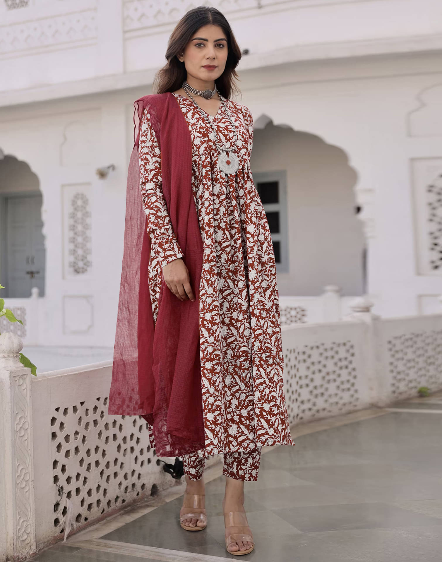     			Skylee Rayon Printed Kurti With Pants Women's Stitched Salwar Suit - Maroon ( Pack of 1 )