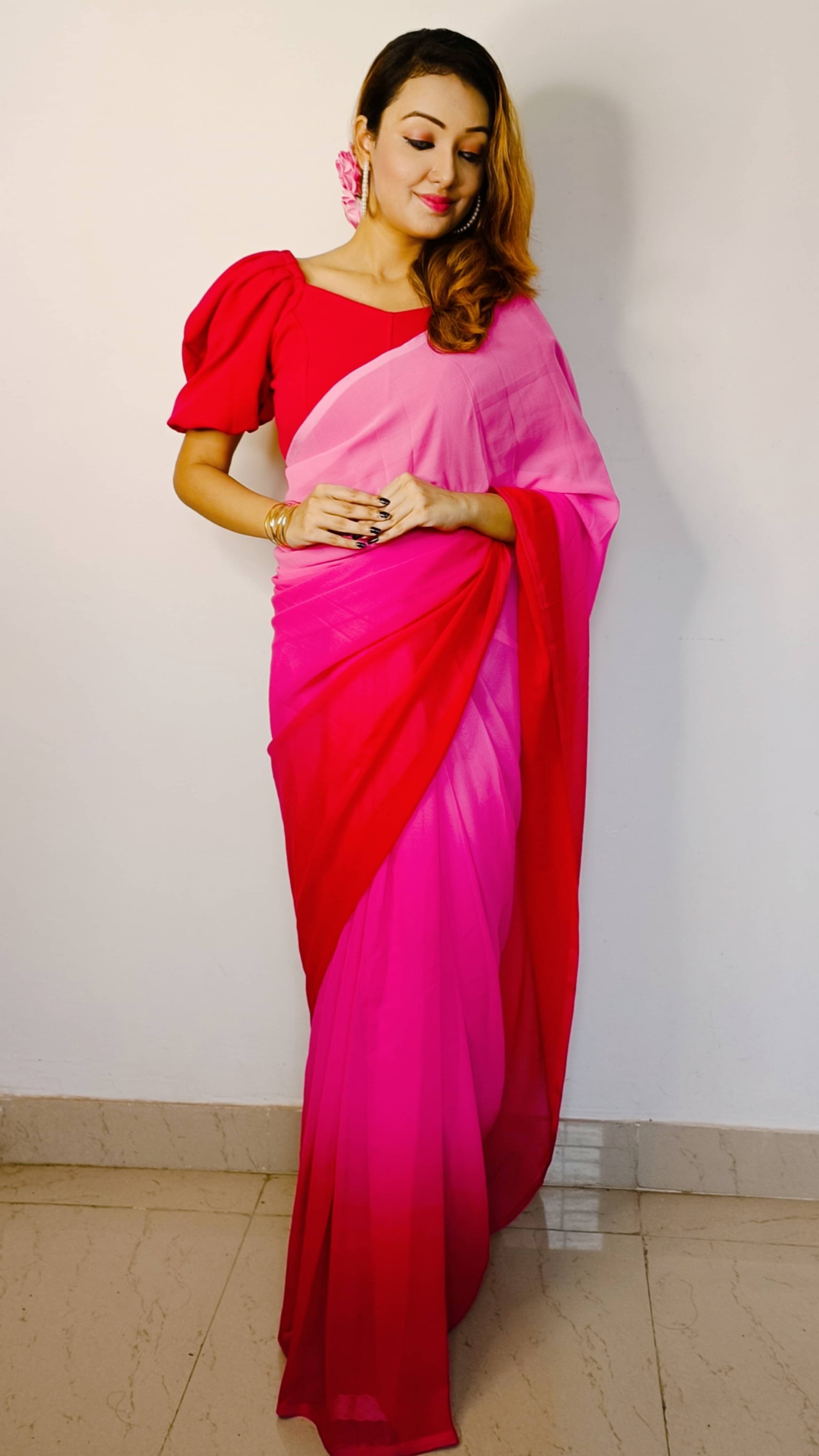 ANAND SAREES Georgette Self Design Saree With Unstitched Blouse Piece ( Pink ) ANAND SAREES Georgette Self Design Saree With Unstitched Blouse Piece ( Pink )