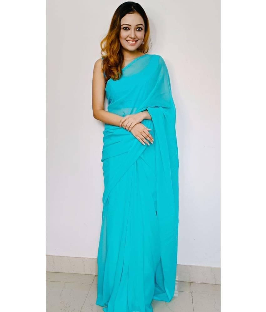 ANAND SAREES Georgette Solid Saree With Unstitched Blouse Piece ( SkyBlue ) ANAND SAREES Georgette Solid Saree With Unstitched Blouse Piece ( SkyBlue )