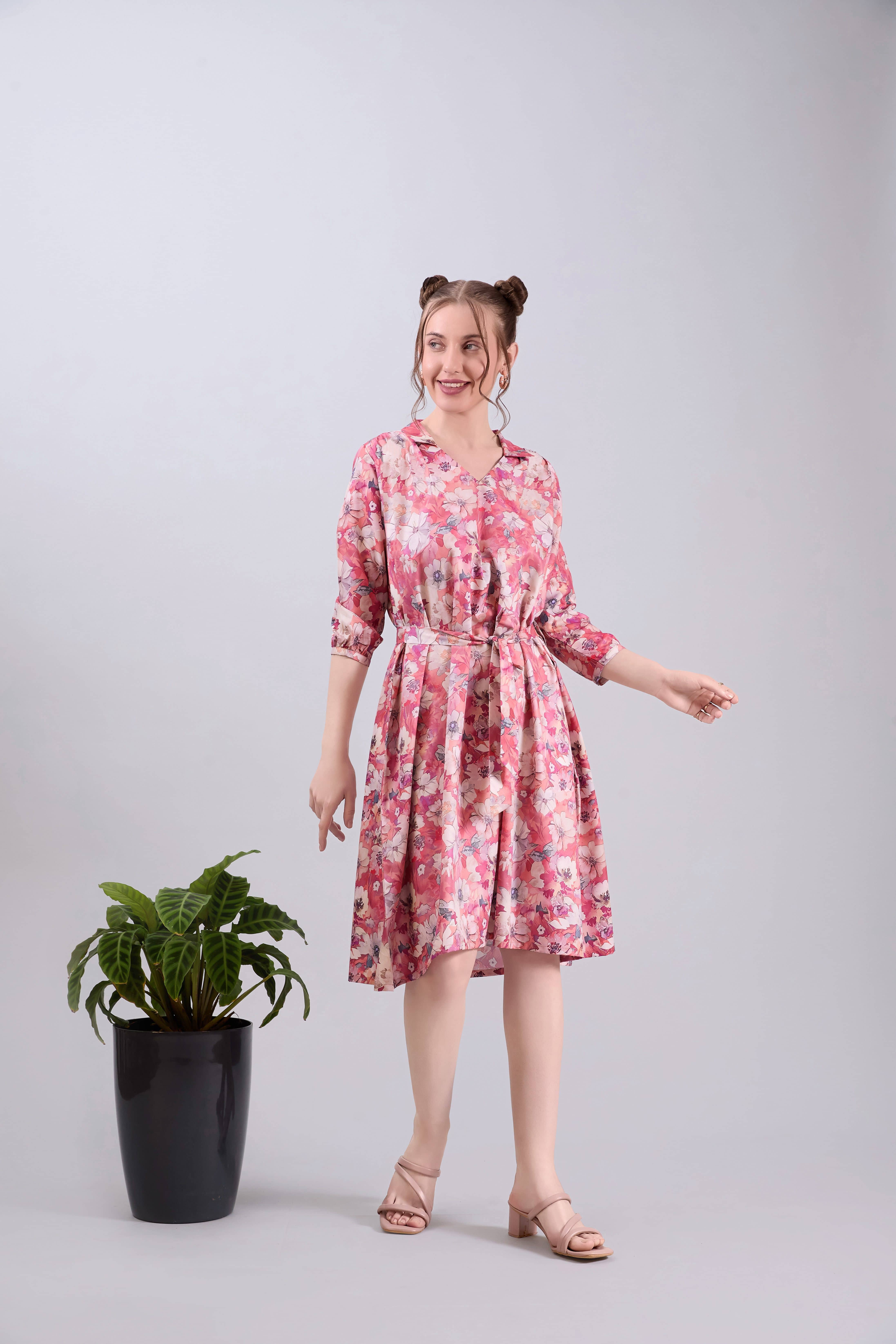 Amarasha Women Crepe Printed Fit & Flare Dress ( Peach )