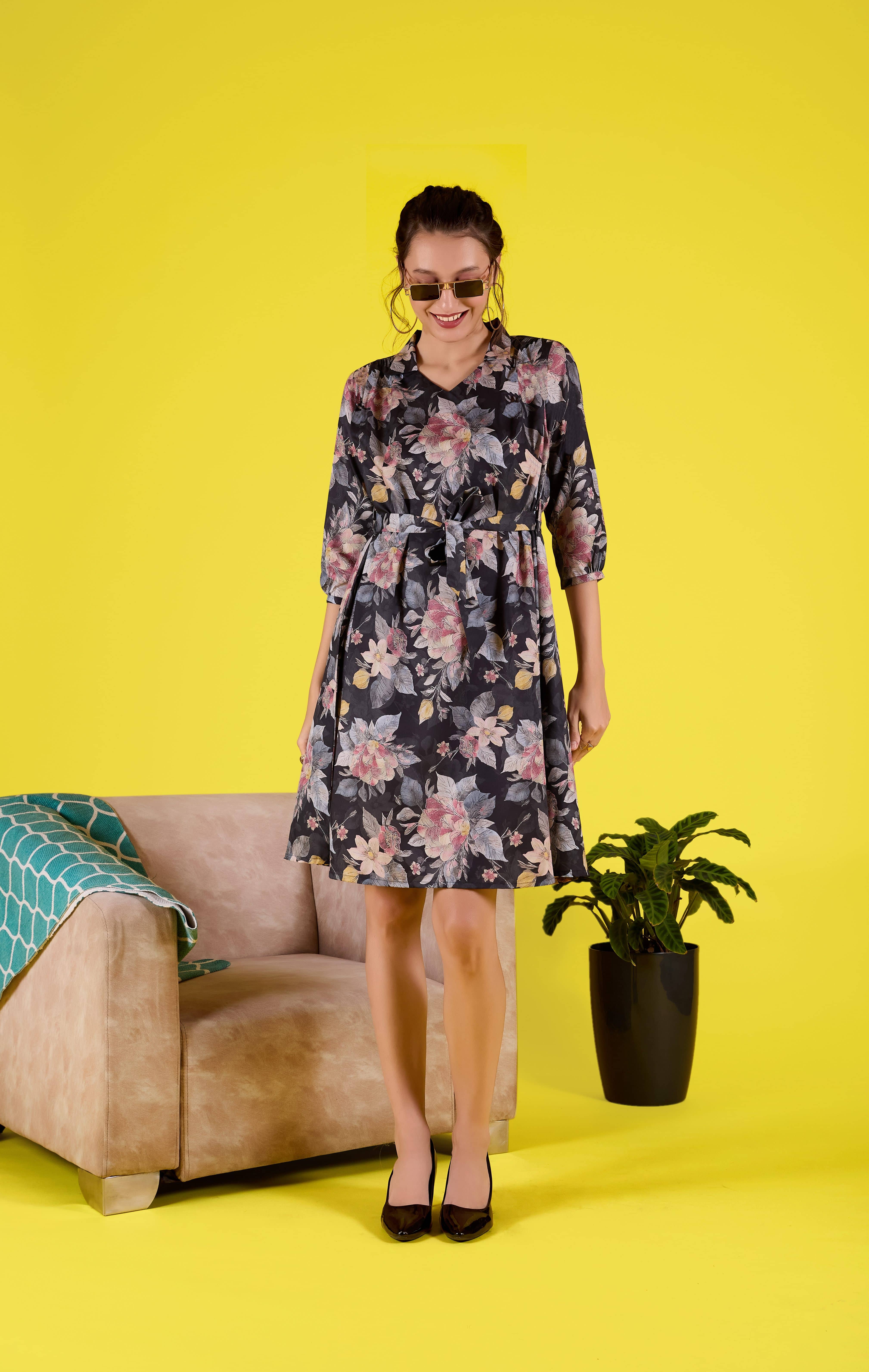 Amarasha Women Crepe Printed Fit & Flare Dress ( Black )