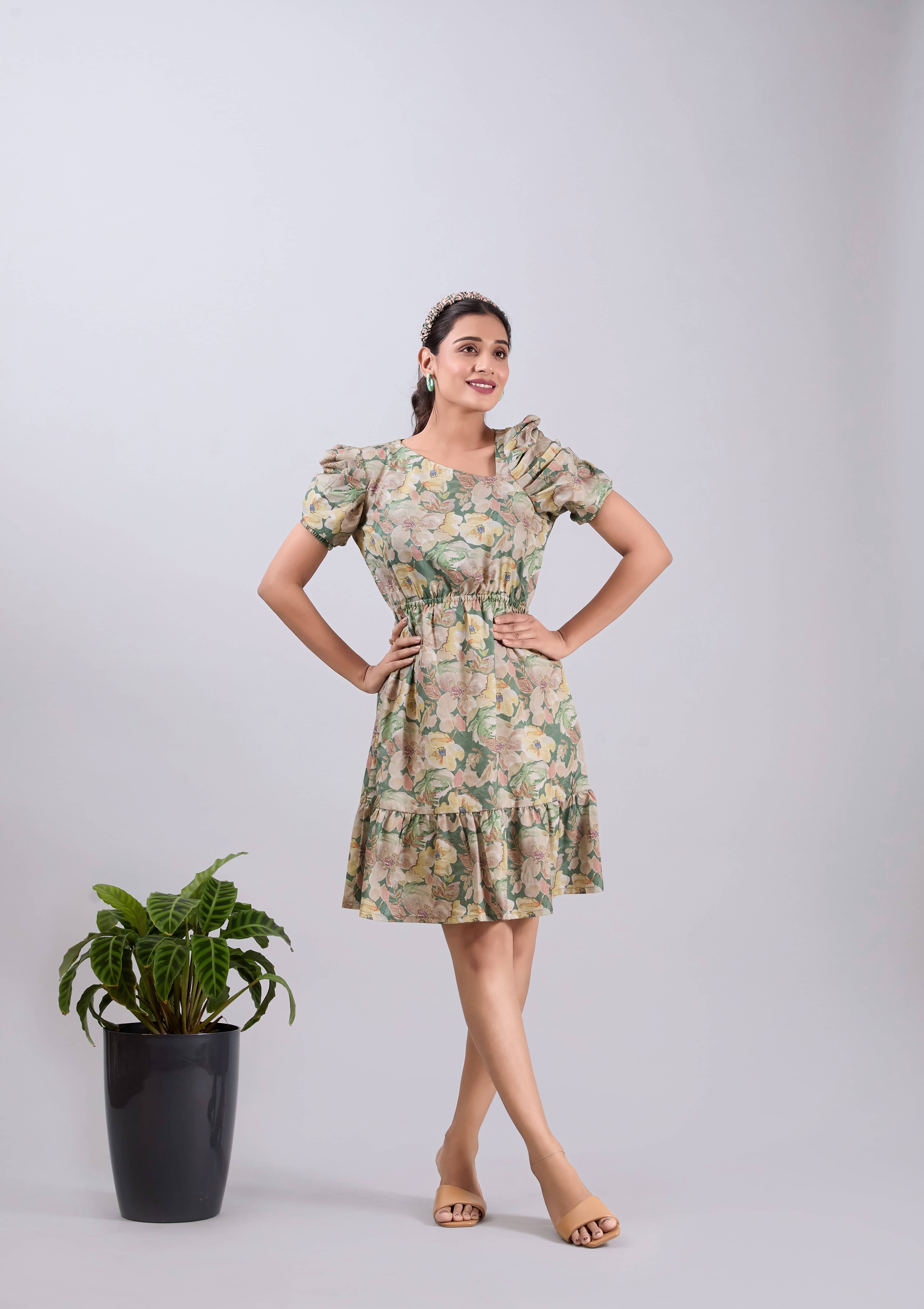 Amarasha Women Crepe Printed Fit & Flare Dress ( Olive )