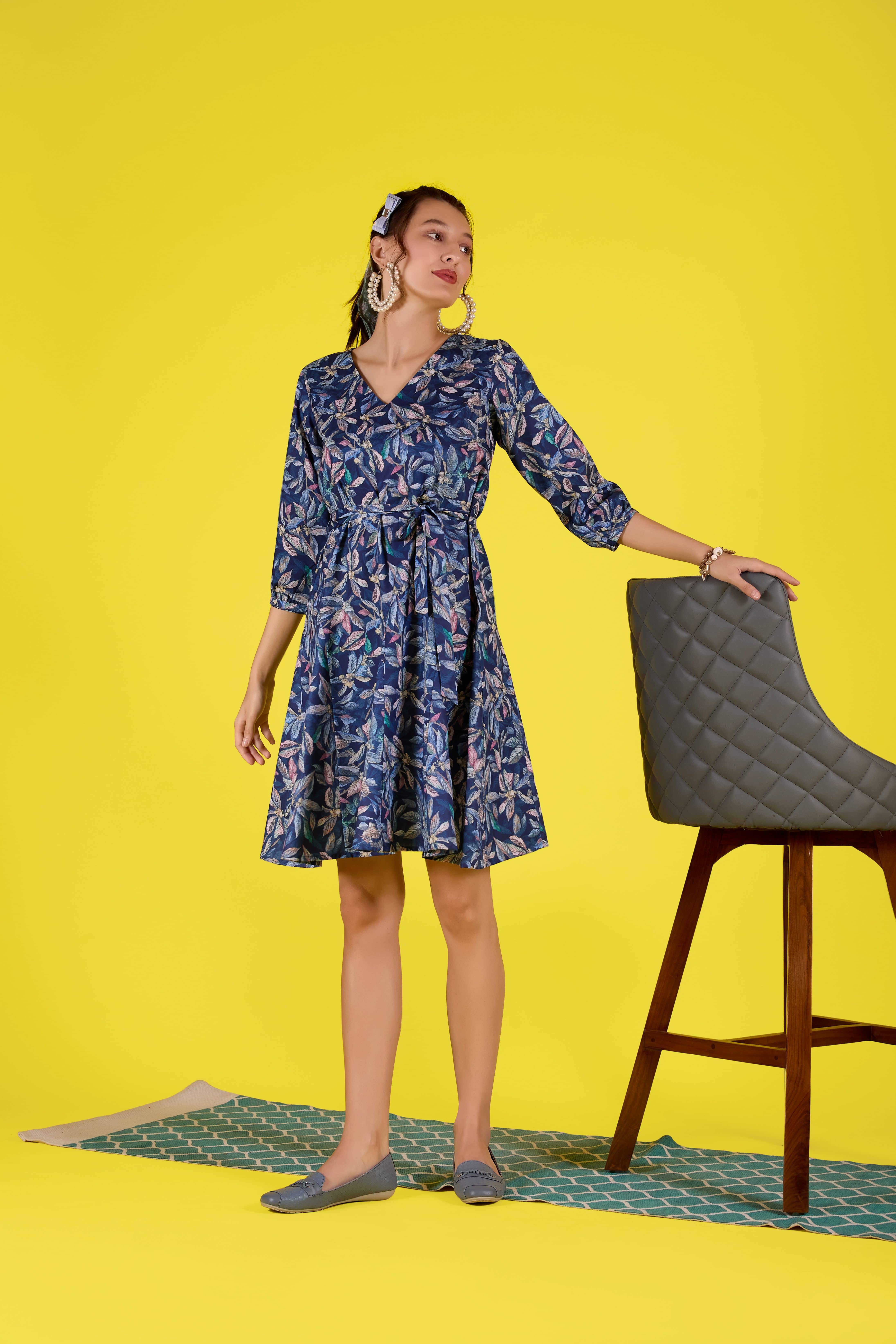 Amarasha Women Crepe Printed Fit & Flare Dress ( Navy )