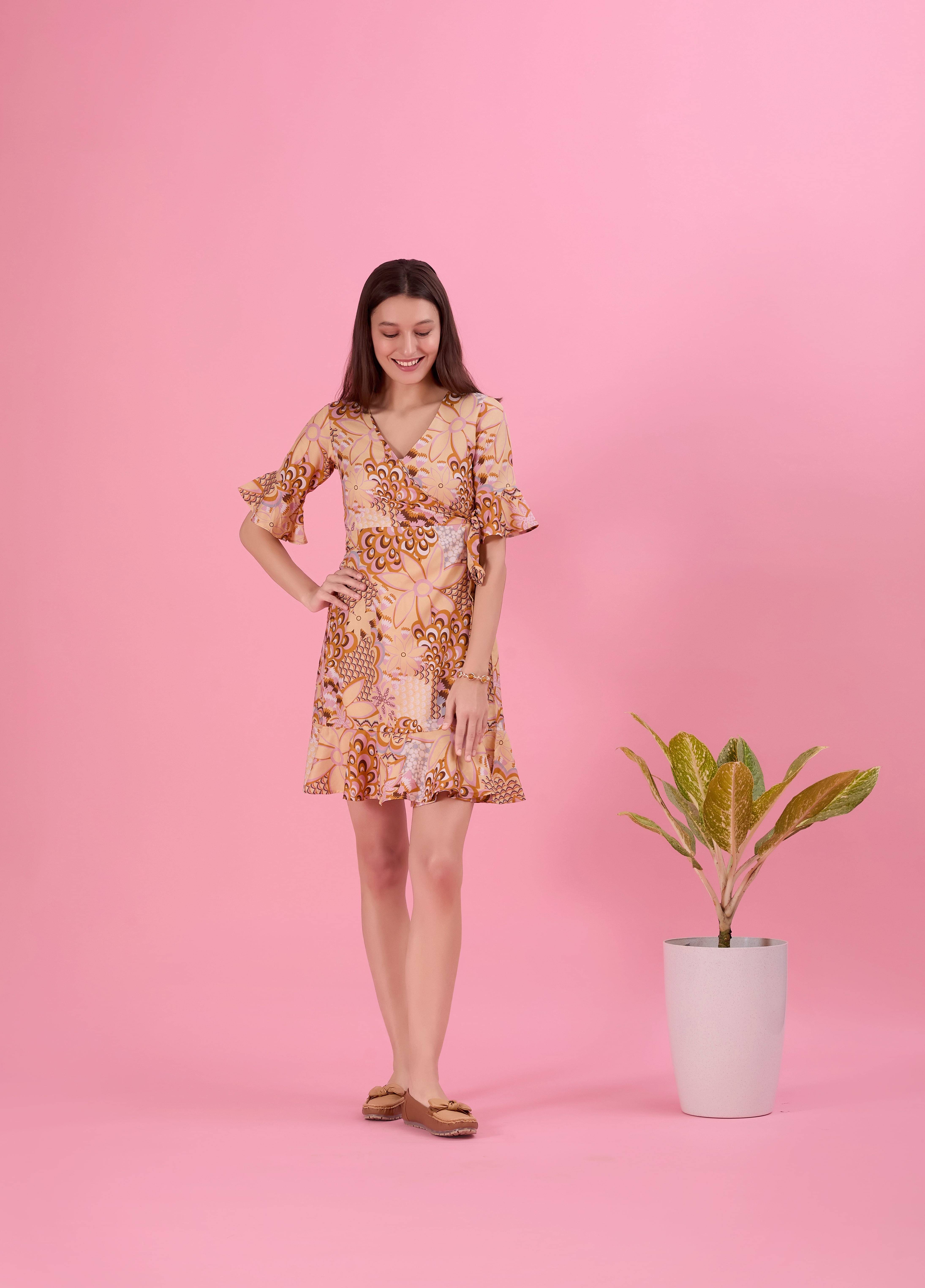 Amarasha Women Crepe Printed Fit & Flare Dress ( Yellow ) Amarasha Women Crepe Printed Fit & Flare Dress ( Yellow )