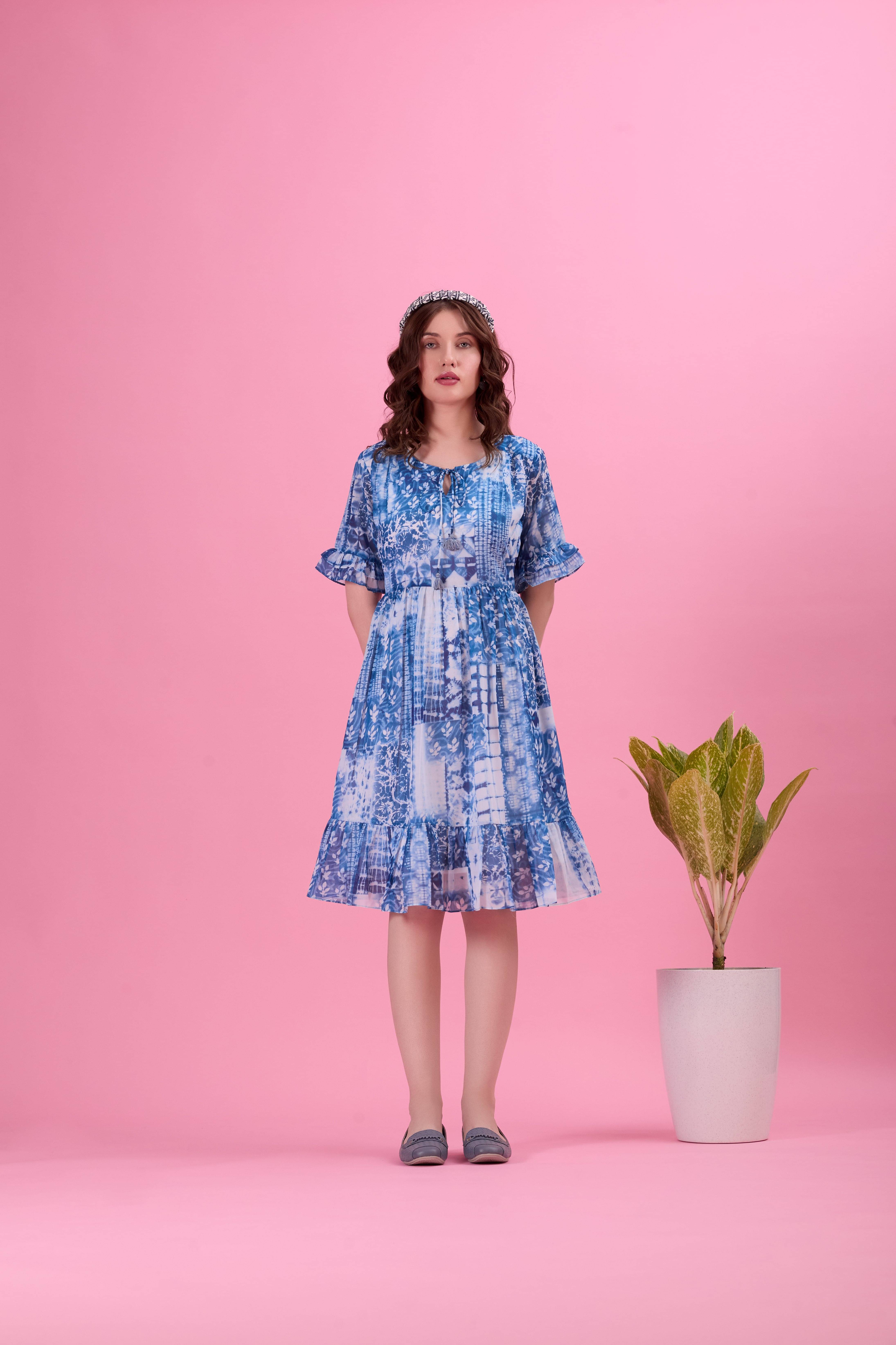Amarasha Women Georgette Printed Fit & Flare Dress ( Blue )     			Amarasha Women Georgette Printed Fit & Flare Dress ( Blue )