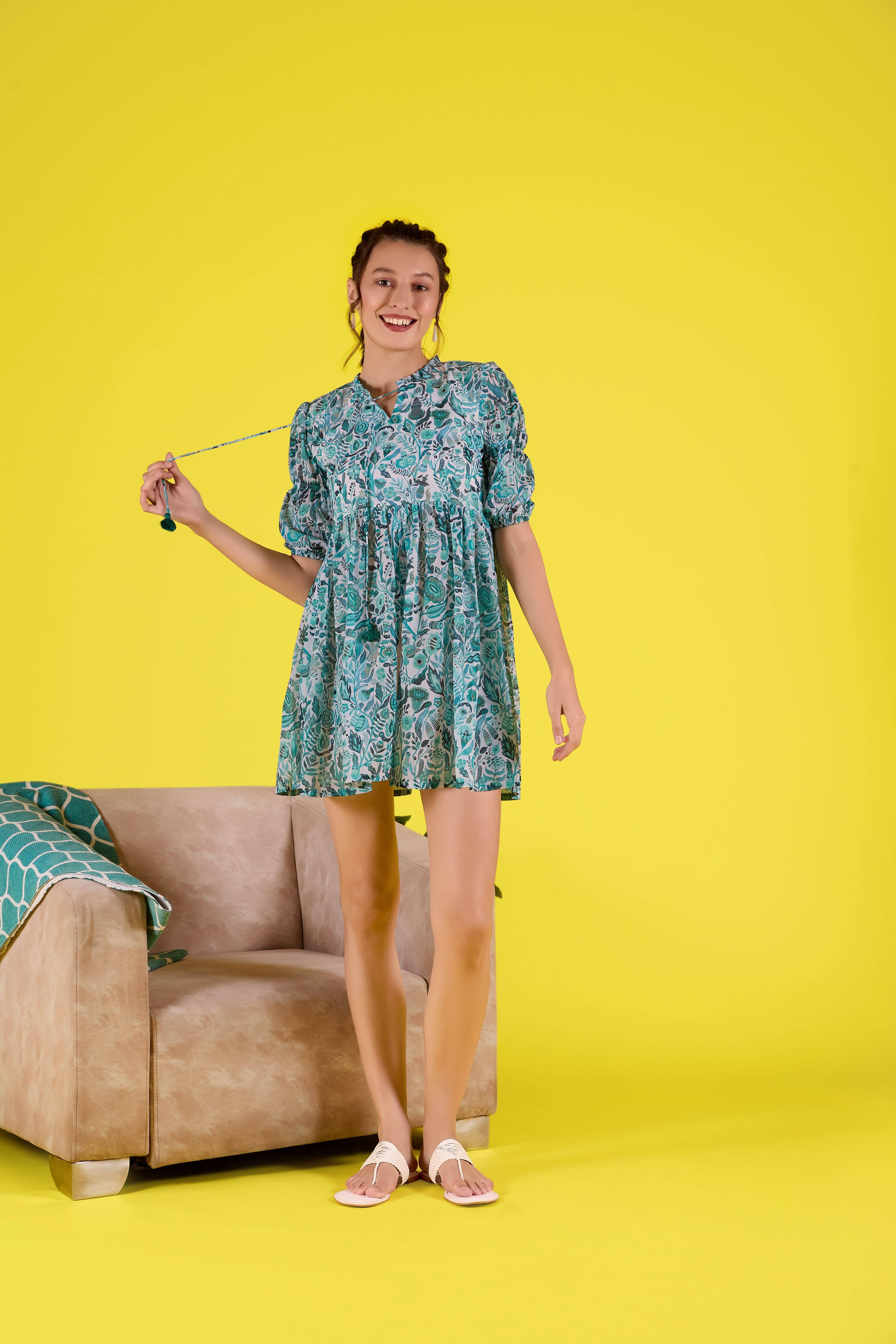     			Amarasha Women Georgette Printed Fit & Flare Dress ( Sea Green )