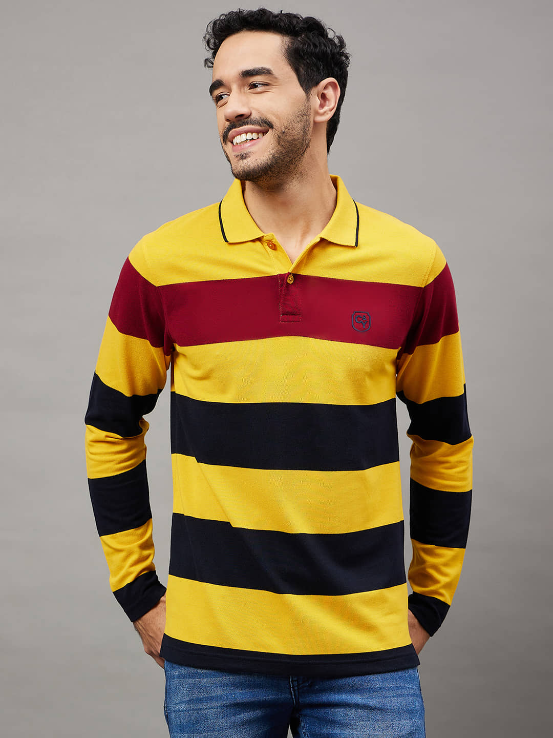 Club York Cotton Blend Regular Fit Striped Full Sleeves Men's Polo T Shirt - Mustard ( Pack of 1 )