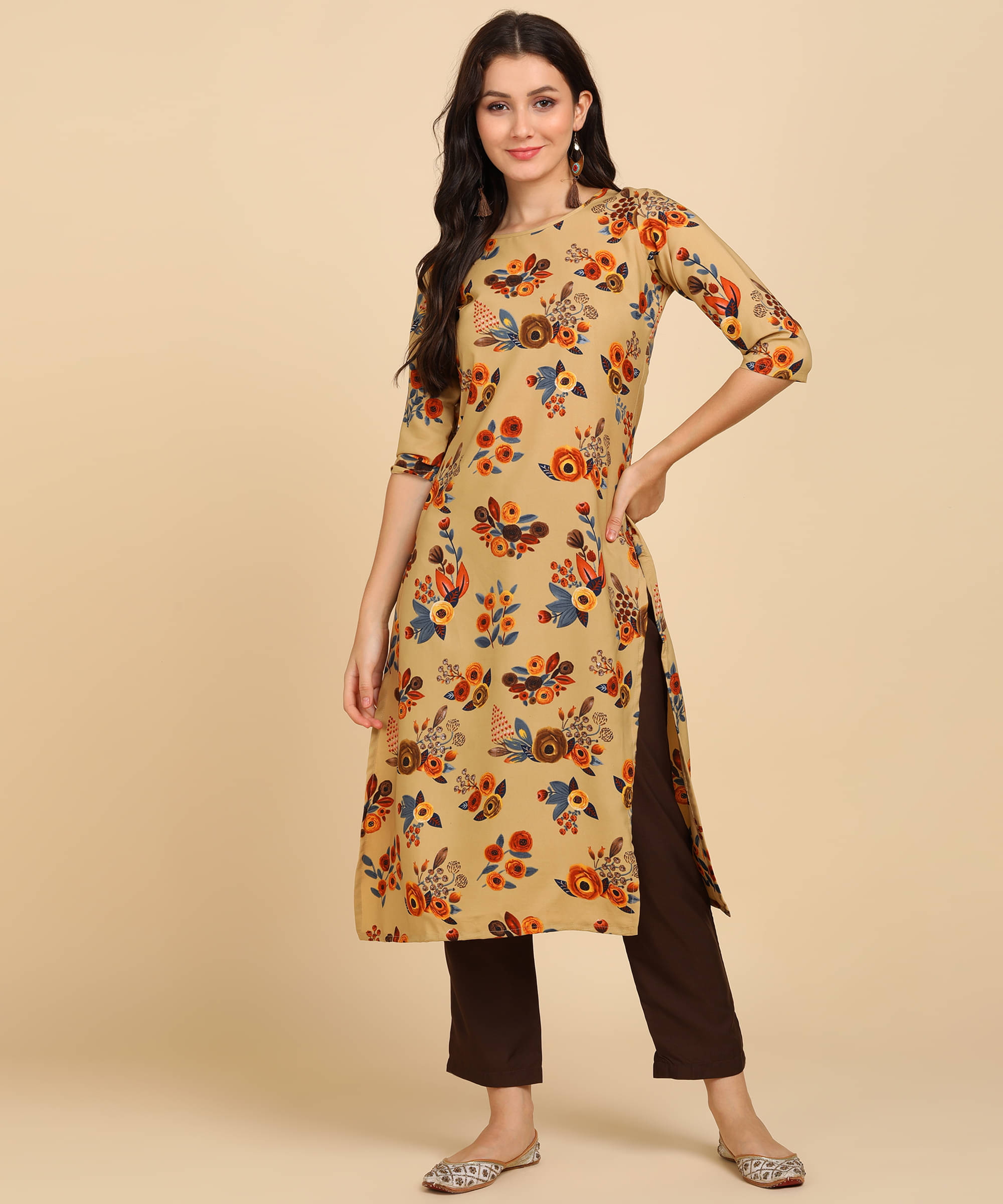     			DSK STUDIO Crepe Printed Kurti With Pants Women's Stitched Salwar Suit - Beige ( Pack of 1 )