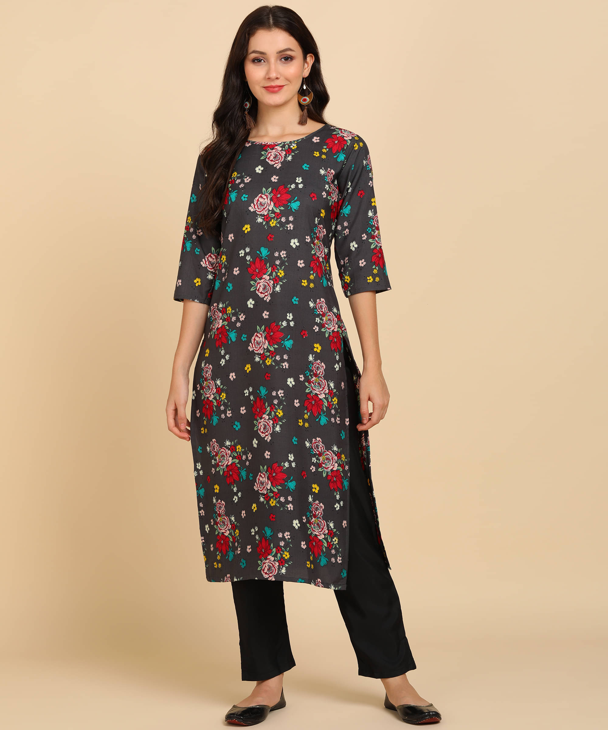     			DSK STUDIO Crepe Printed Kurti With Pants Women's Stitched Salwar Suit - Grey Melange ( Pack of 1 )