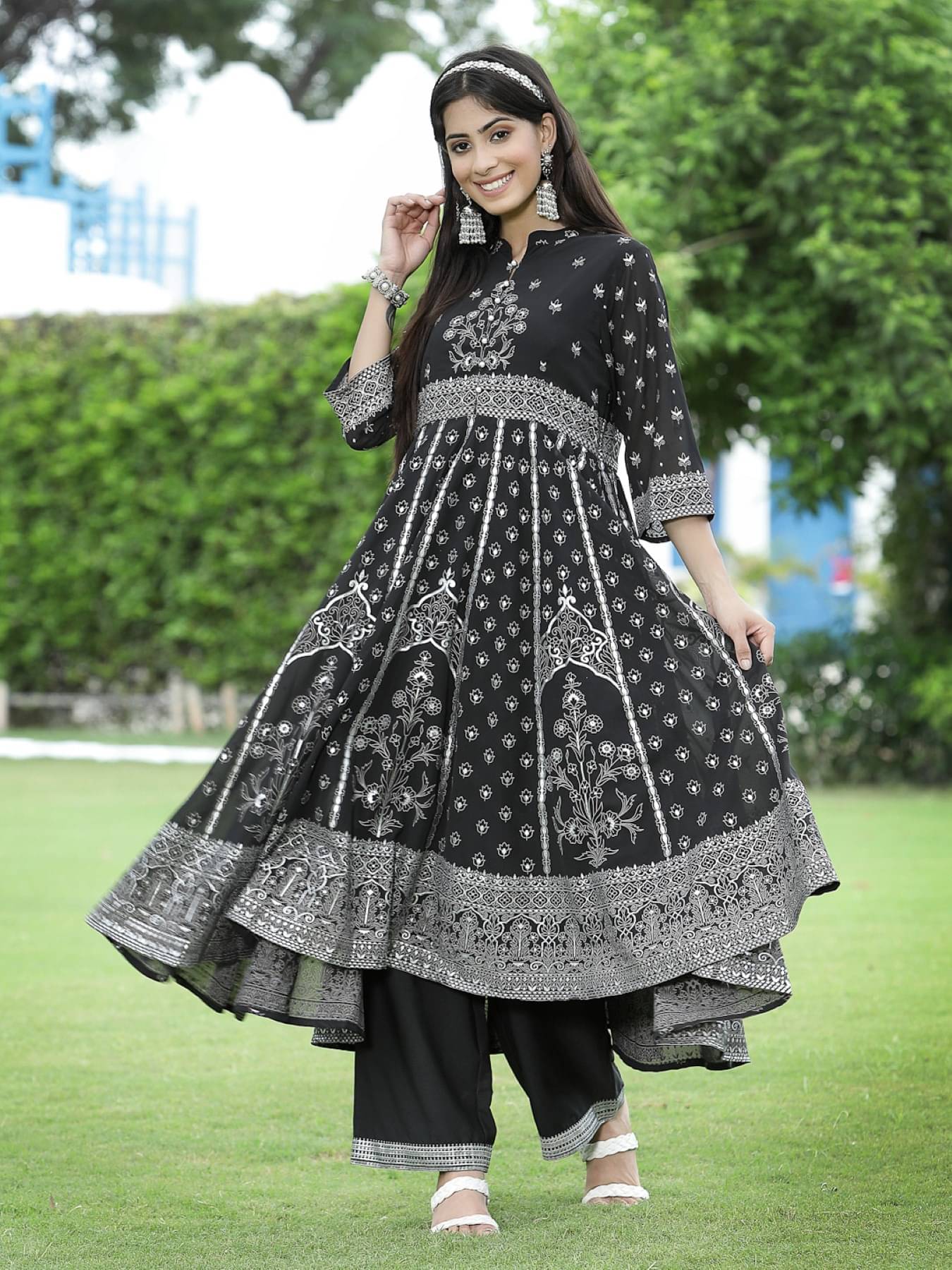     			Juniper Polyester Printed Kurti With Palazzo Women's Stitched Salwar Suit - Black ( Pack of 1 )