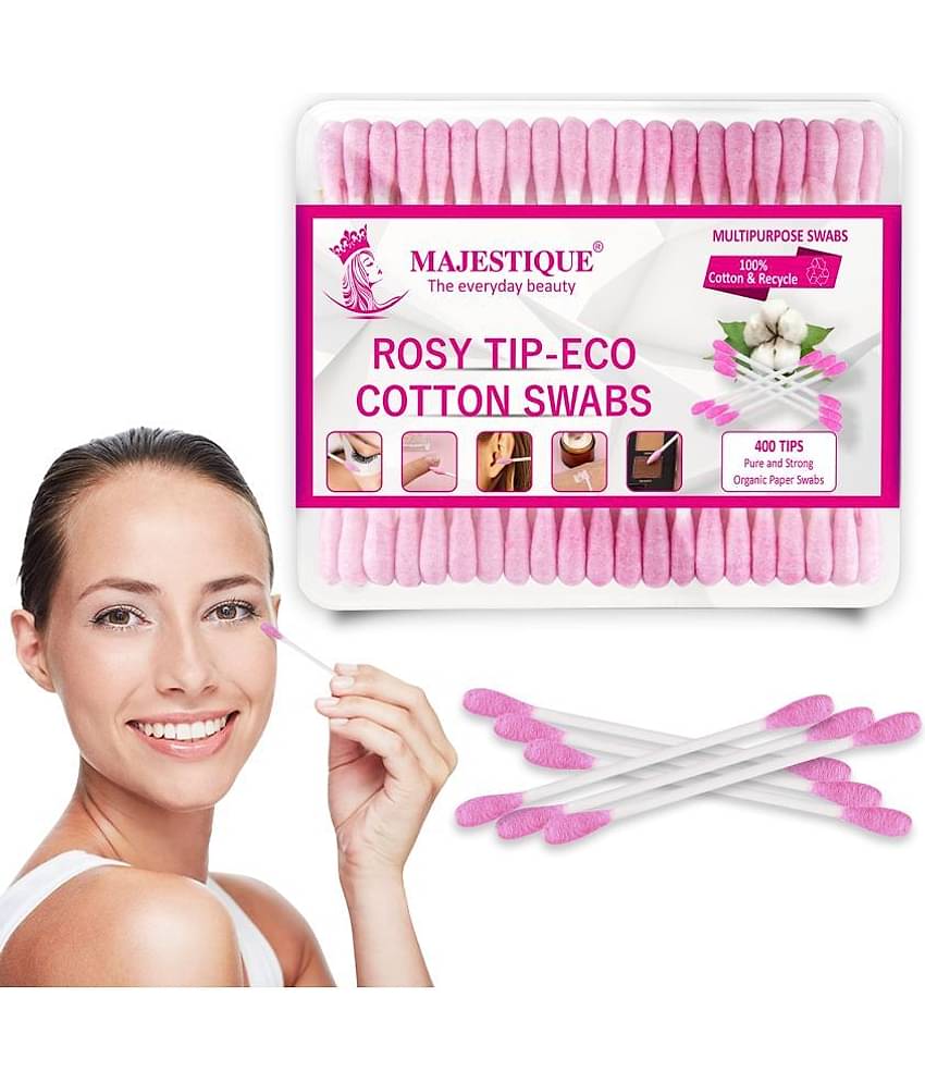 Majestique Rosy Tip Eco Cotton Swabs | Paper-made Sticks, Pure and Strong | Gentle for Face, Ear Cleaning, Makeup, and Beauty Application - 200 Pcs
