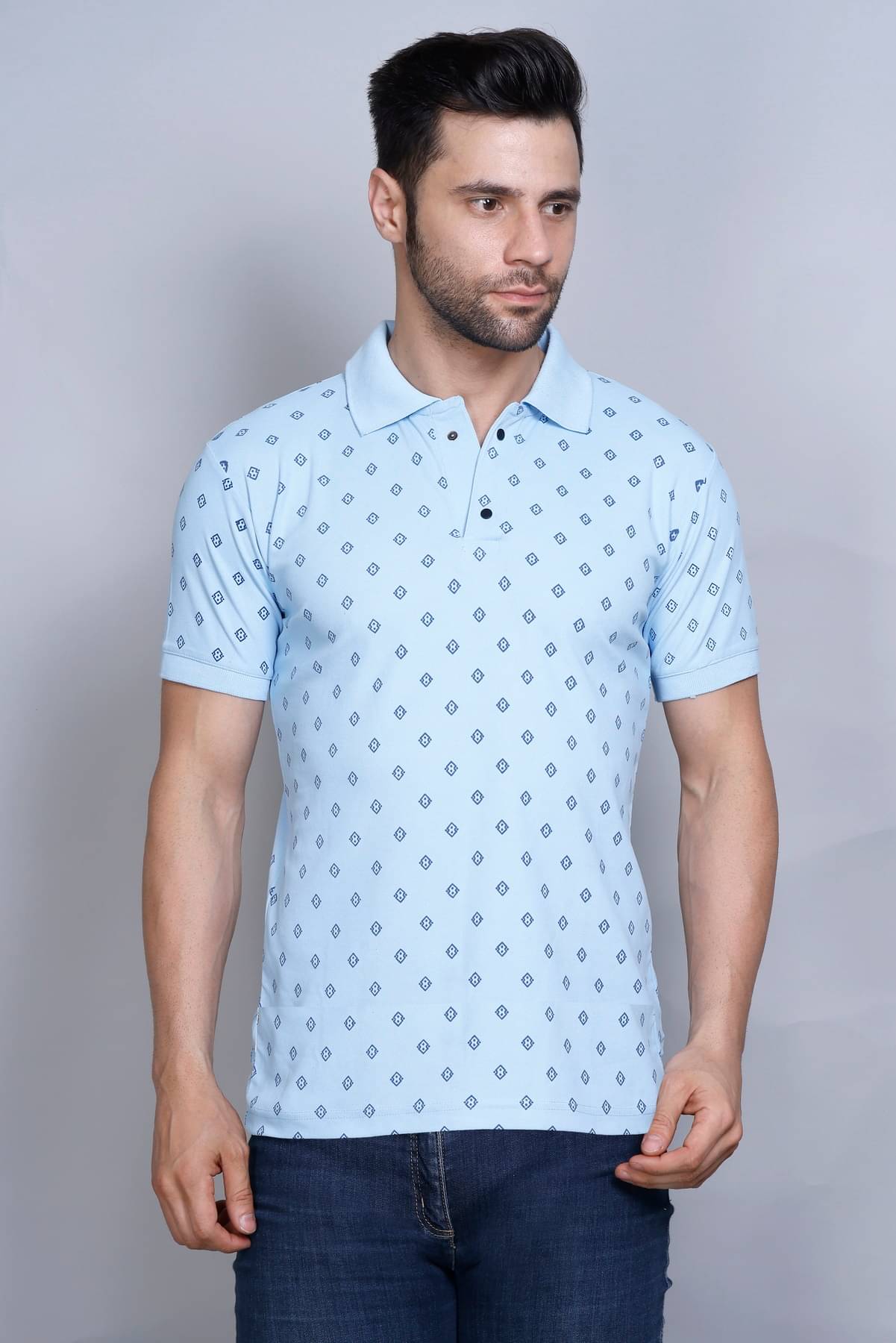 PASURE Pack of 1 Cotton Regular Fit Printed Half Sleeves Men's Polo T Shirt ( Sky Blue ) PASURE Pack of 1 Cotton Regular Fit Printed Half Sleeves Men's Polo T Shirt ( Sky Blue )