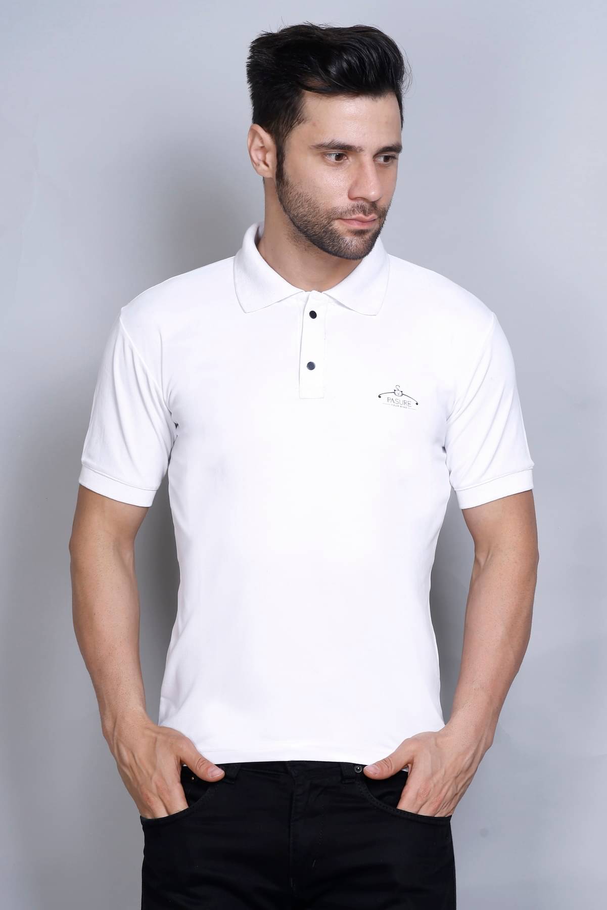     			PASURE Pack of 1 Cotton Regular Fit Solid Half Sleeves Men's Polo T Shirt ( White )