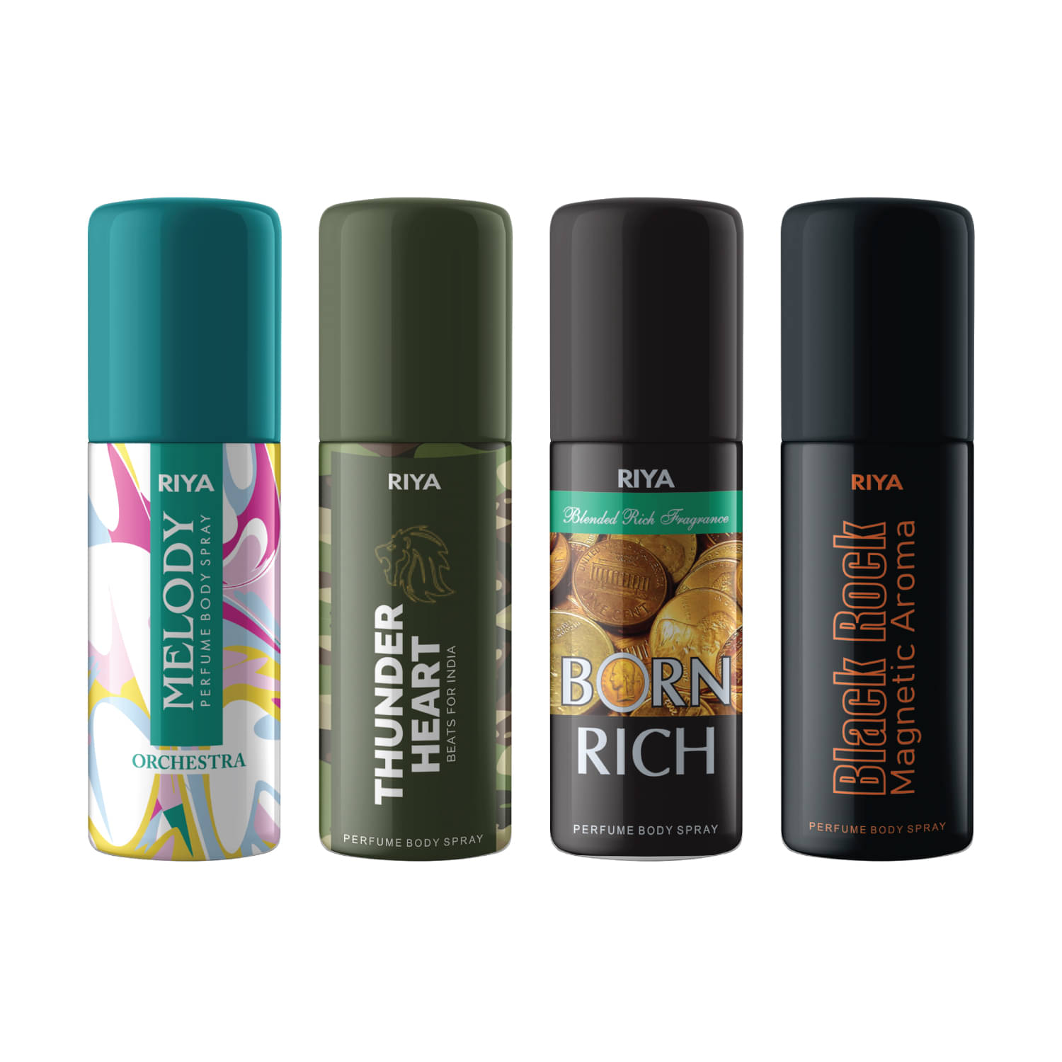 Riya Melody, Thunder Heart, Born Rich, Black rock Deodorant For Men & Women 40 ml Each, Pack of 4 Riya Melody, Thunder Heart, Born Rich, Black rock Deodorant For Men & Women 40 ml Each, Pack of 4