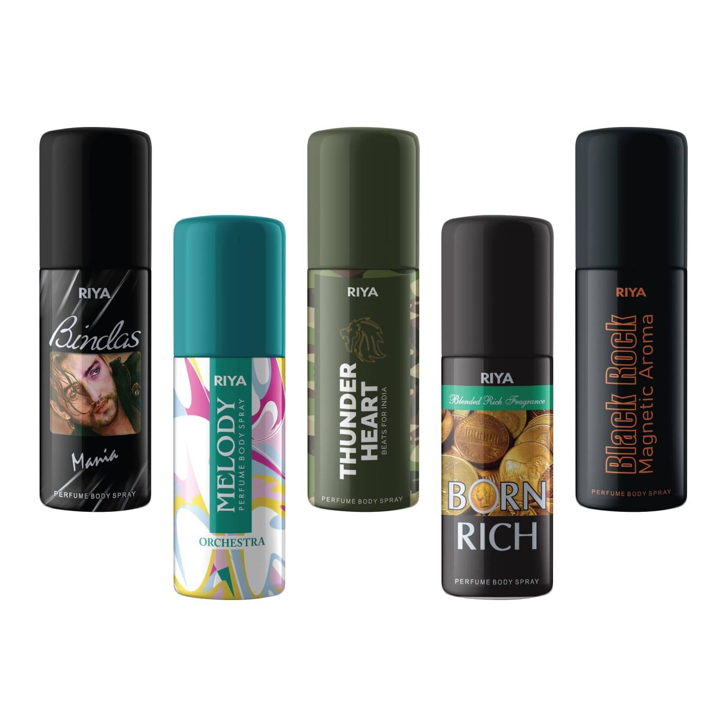 Riya Bindas, Melody, Born Rich, Black Rock, Partywear Deodorant, Men & Women -Pack Of 5, 40 ml Each     			Riya Bindas, Melody, Born Rich, Black Rock, Partywear Deodorant, Men & Women -Pack Of 5, 40 ml Each