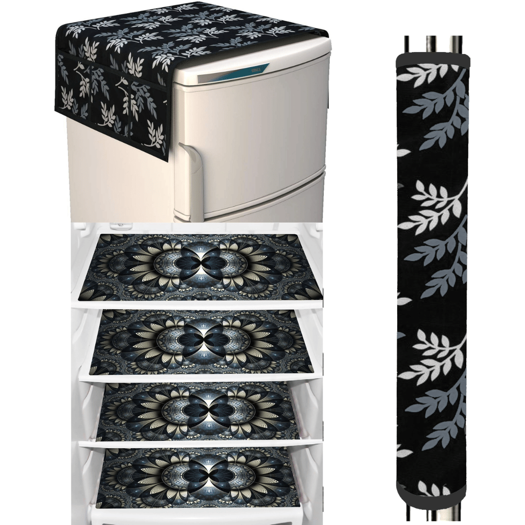     			Crosmo Polyester Floral Printed Fridge Mat & Cover ( 64 18 ) Pack of 6 - Black