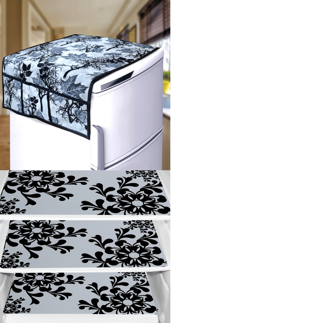 Crosmo Polyester Floral Printed Fridge Mat & Cover ( 64 18 ) Pack of 4 - Gray