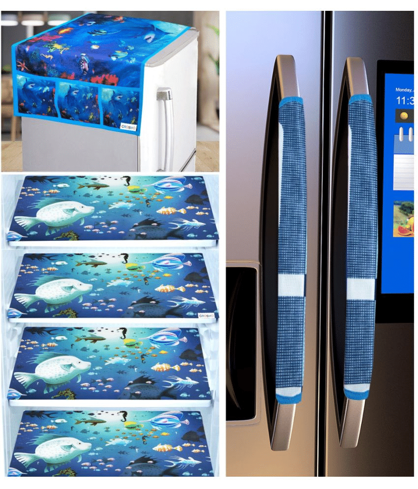 Crosmo Polyester Graphic Fridge Mat & Cover ( 64 18 ) Pack of 7 - Blue Crosmo Polyester Graphic Fridge Mat & Cover ( 64 18 ) Pack of 7 - Blue