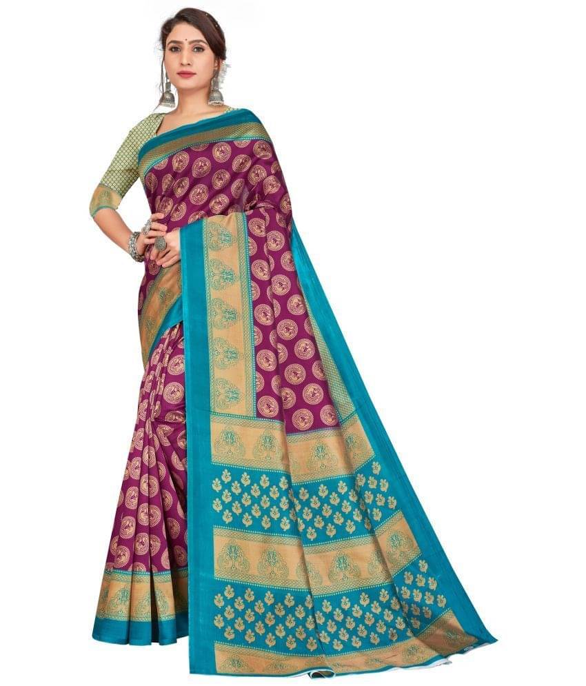     			Grubstaker Art Silk Printed Saree With Unstitched Blouse Piece ( Purple )