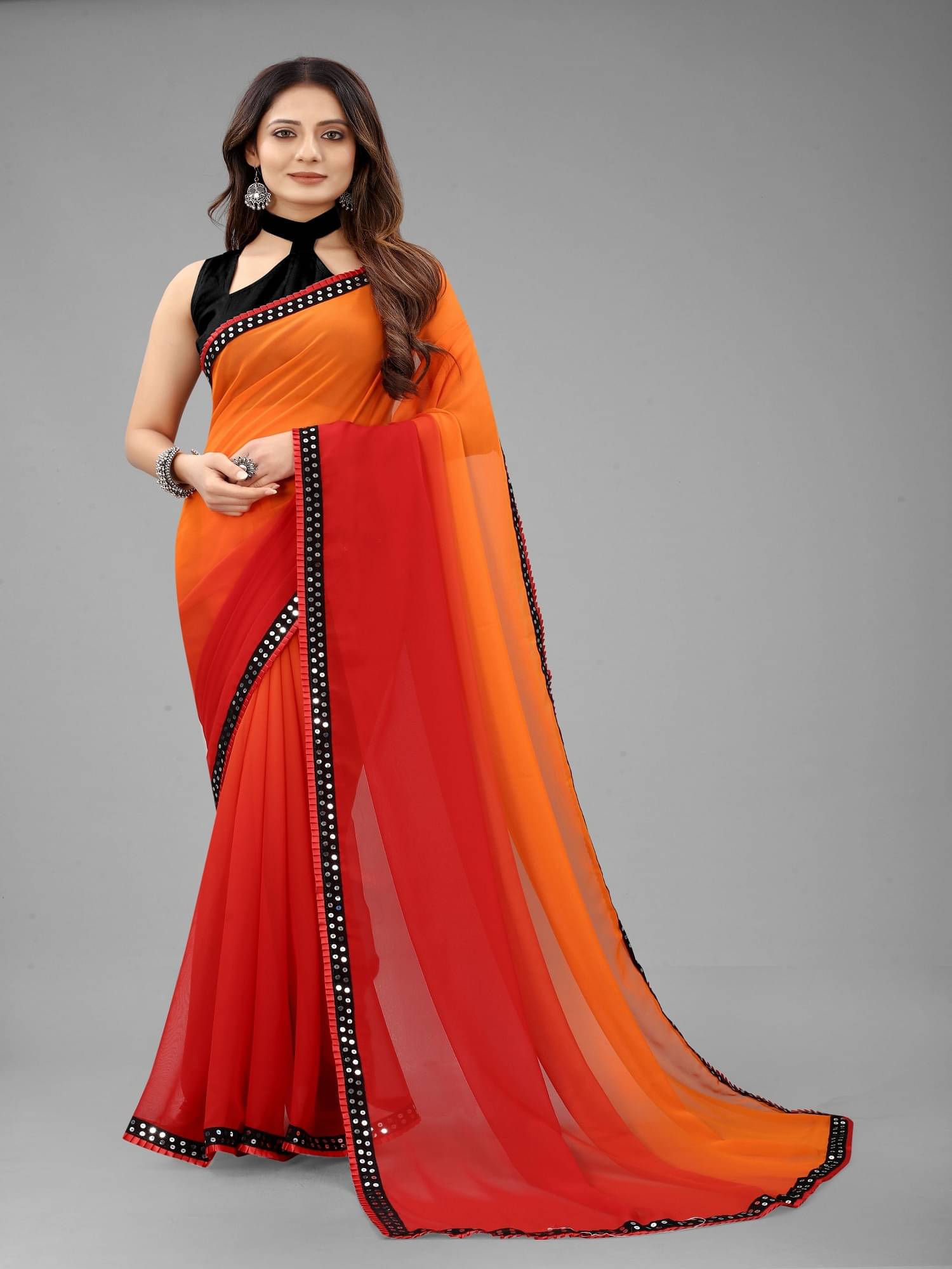 JULEE Georgette Embellished Saree With Unstitched Blouse Piece ( Red ) JULEE Georgette Embellished Saree With Unstitched Blouse Piece ( Red )