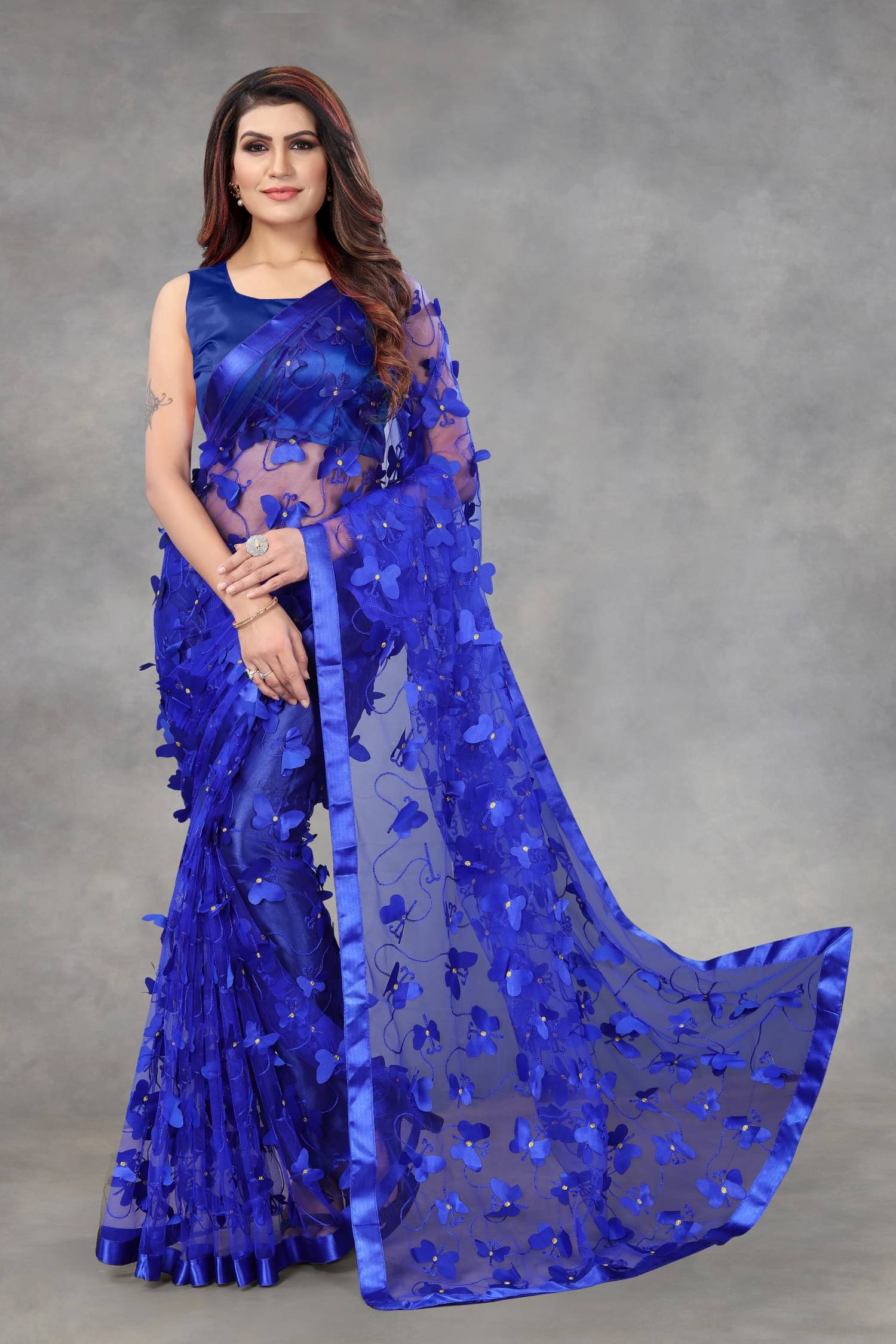 JULEE Net Embellished Saree With Unstitched Blouse Piece ( Blue ) JULEE Net Embellished Saree With Unstitched Blouse Piece ( Blue )