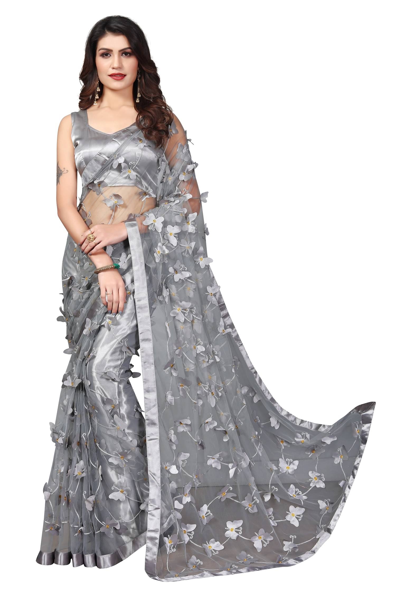     			JULEE Net Embellished Saree With Unstitched Blouse Piece ( Grey )