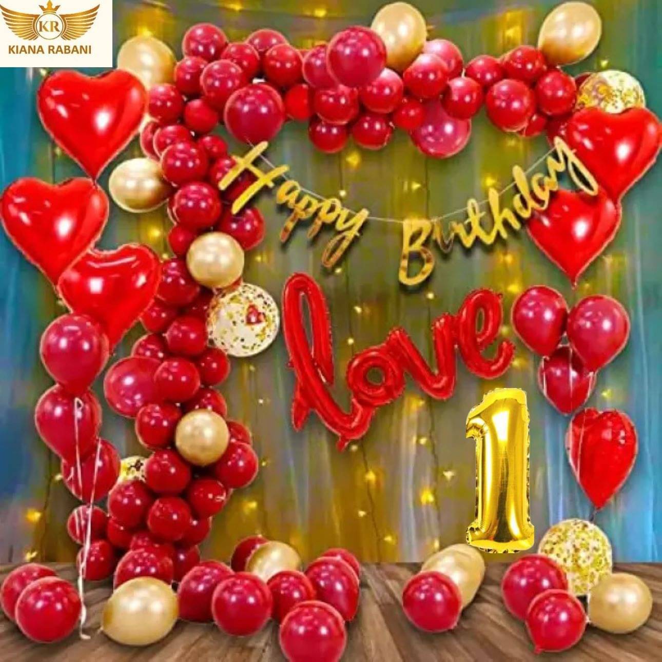     			KR 1ST HAPPY BIRTHDAY DECORATION WITH BUNNTING BANNER1, 1LOVE 4 RED HEART 25 RED 25 GOLD BALLOON 1 NET CURTAIN 1 LIGHT 1ARCH 1 GLUE 3 CONFETTI BALLOON 1 NO. GOLD FOIL BALLOON