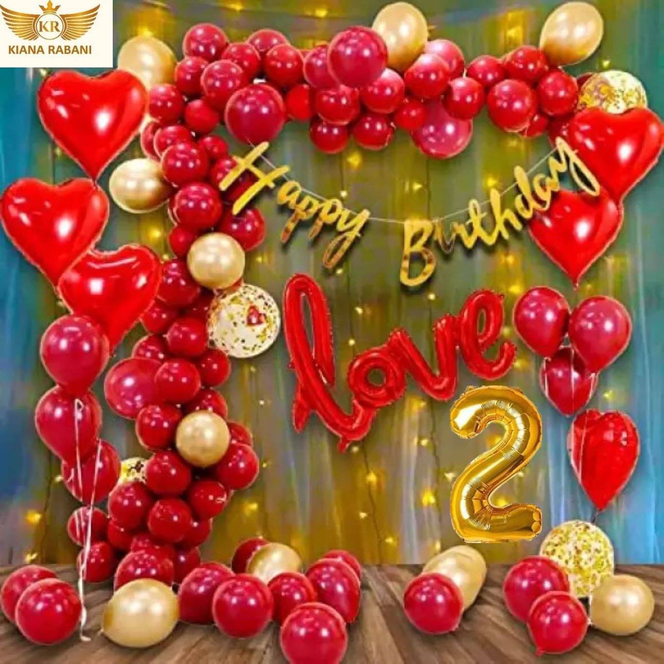     			KR 2ND HAPPY BIRTHDAY DECORATION WITH BUNNTING BANNER1, 1LOVE 4 RED HEART 25 RED 25 GOLD BALLOON 1 NET CURTAIN 1 LIGHT 1ARCH 1 GLUE 3 CONFETTI BALLOON 2 NO. GOLD FOIL BALLOON