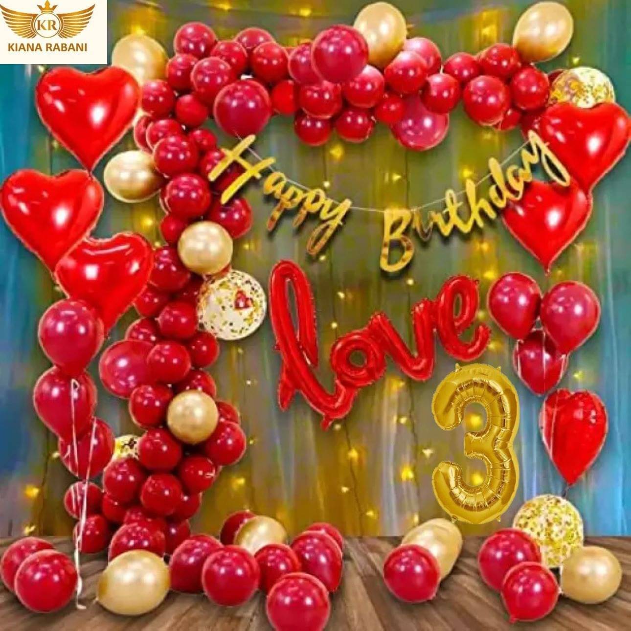     			KR 3RD HAPPY BIRTHDAY DECORATION WITH BUNNTING BANNER1, 1LOVE 4 RED HEART 25 RED 25 GOLD BALLOON 1 NET CURTAIN 1 LIGHT 1ARCH 1 GLUE 3 CONFETTI BALLOON 3 NO. GOLD FOIL BALLOON