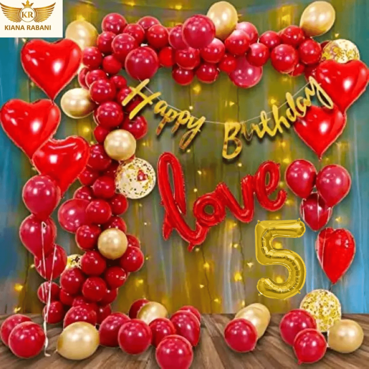     			KR 5TH HAPPY BIRTHDAY DECORATION WITH BUNNTING BANNER1, 1LOVE 4 RED HEART 25 RED 25 GOLD BALLOON 1 NET CURTAIN 1 LIGHT 1ARCH 1 GLUE 3 CONFETTI BALLOON 5 NO. GOLD FOIL BALLOON