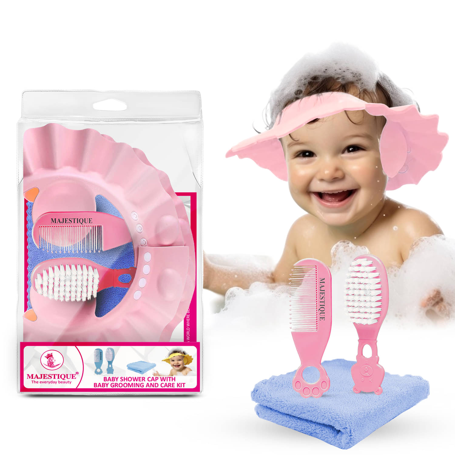 Majestique Baby Shower Cap with Baby Grooming and Care Kit, Baby Bath Accessories - 4Pcs/Multicolor Majestique Baby Shower Cap with Baby Grooming and Care Kit, Baby Bath Accessories - 4Pcs/Multicolor