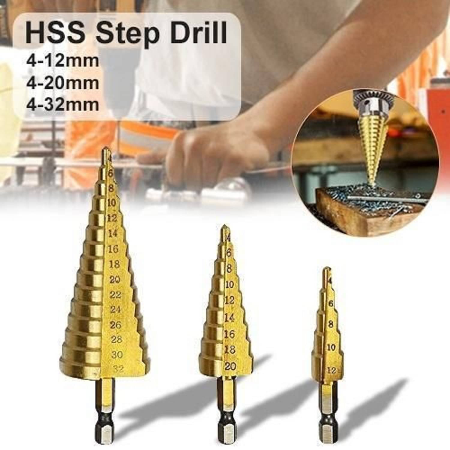     			Power Tool 3X Large HSS Steel Step Cone Drill Titanium Bit Set Hole Cutter, 4-32,4-20,4-12mm