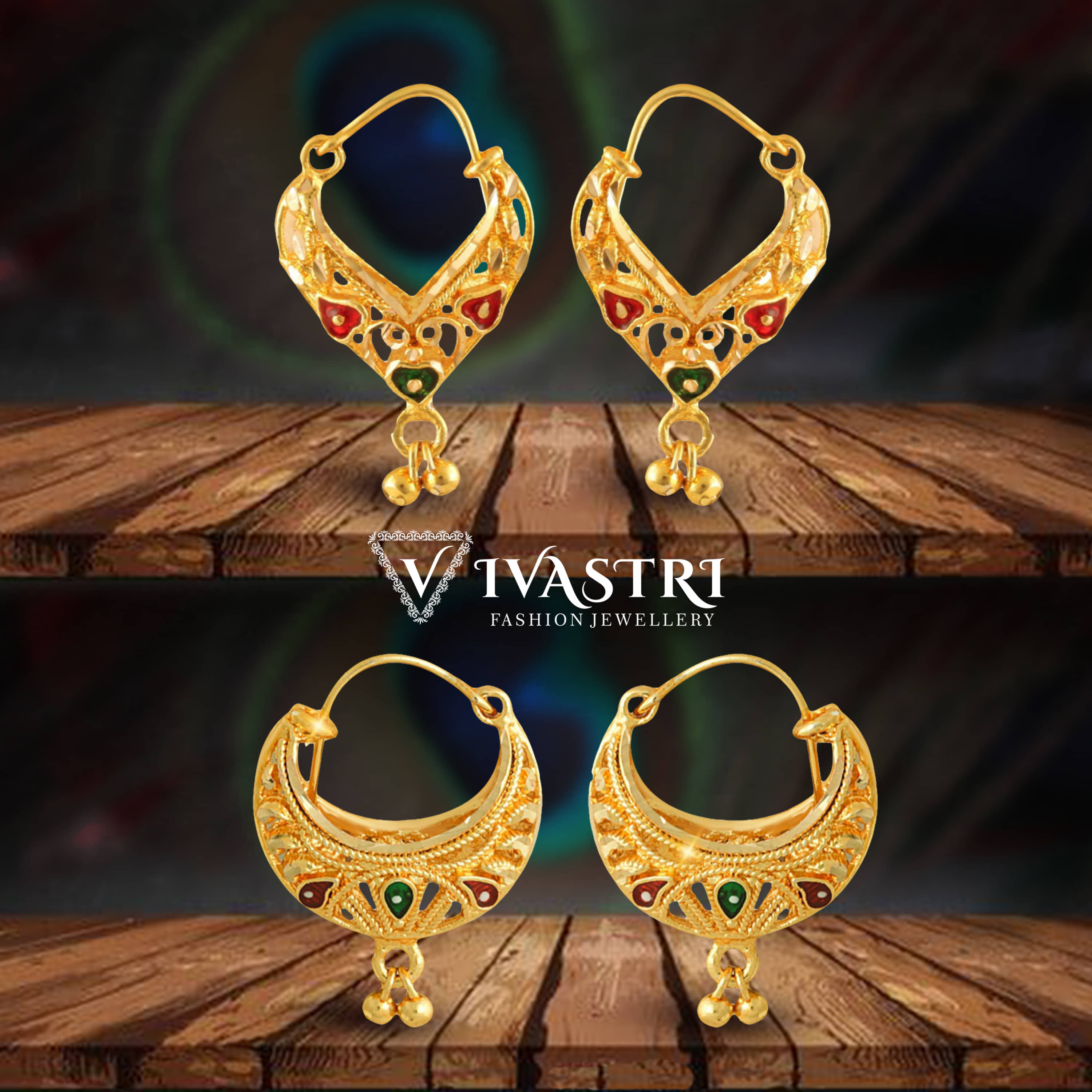 VIVASTRI Golden Chandbalis Earrings ( Pack of 2 ) - Earrings | Buy online on ZillyBuy