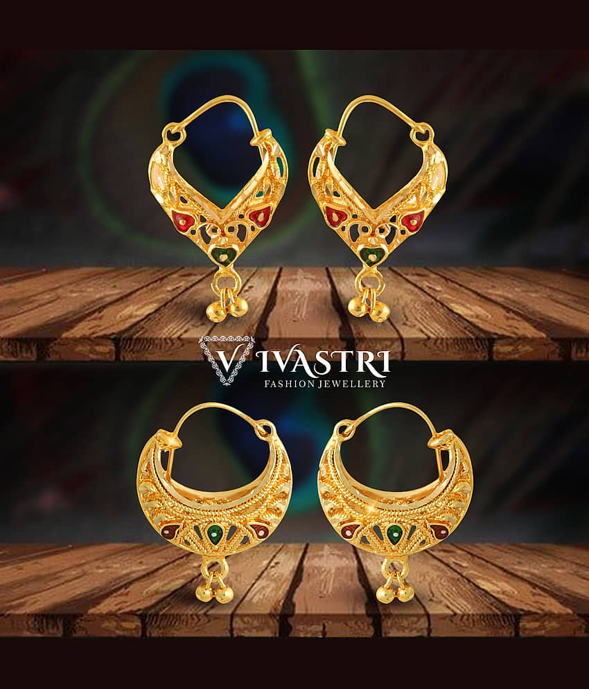 VIVASTRI Golden Chandbalis Earrings ( Pack of 2 ) - Earrings | Buy online on ZillyBuy