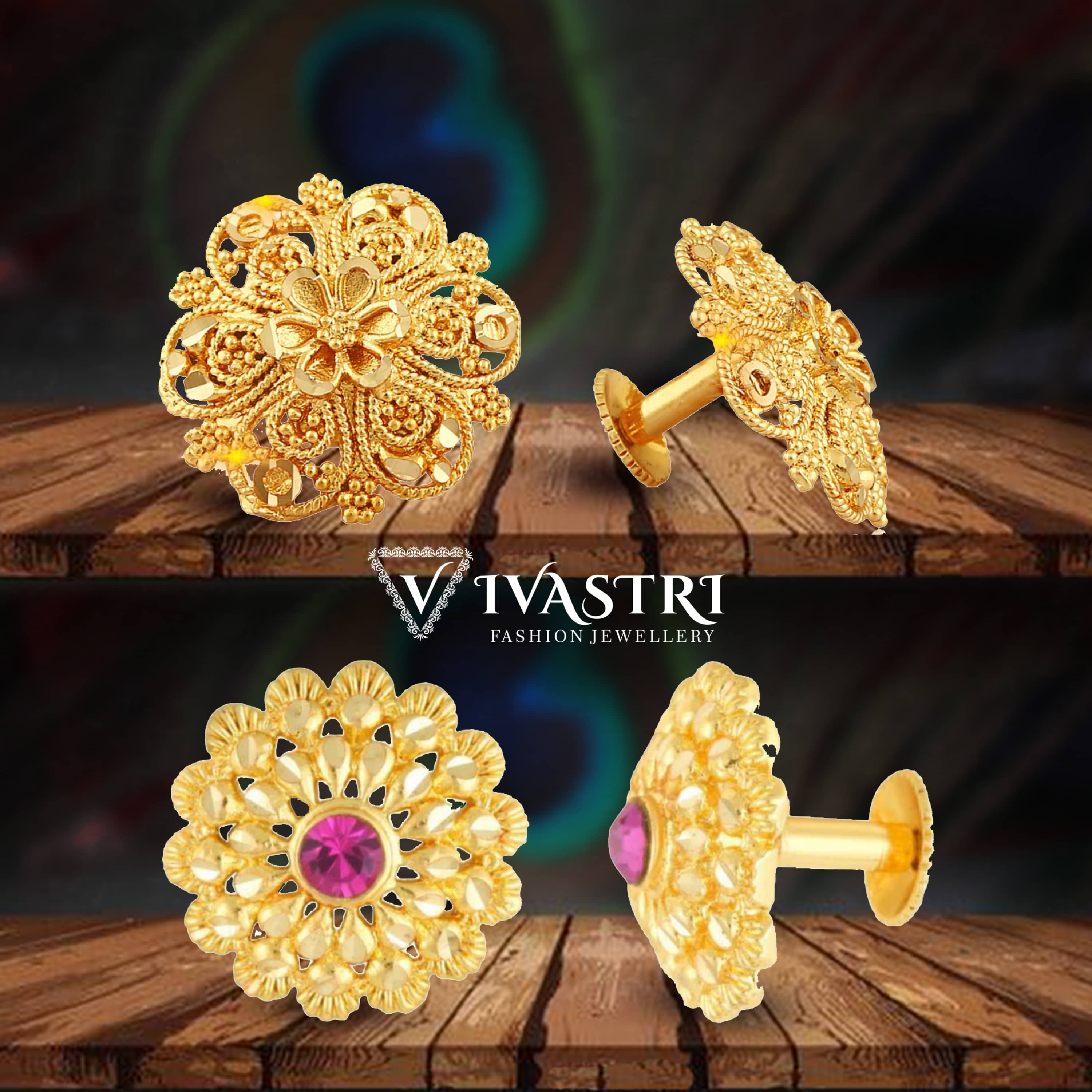 VIVASTRI Golden Stud Earrings ( Pack of 2 ) - Earrings | Buy online on ZillyBuy