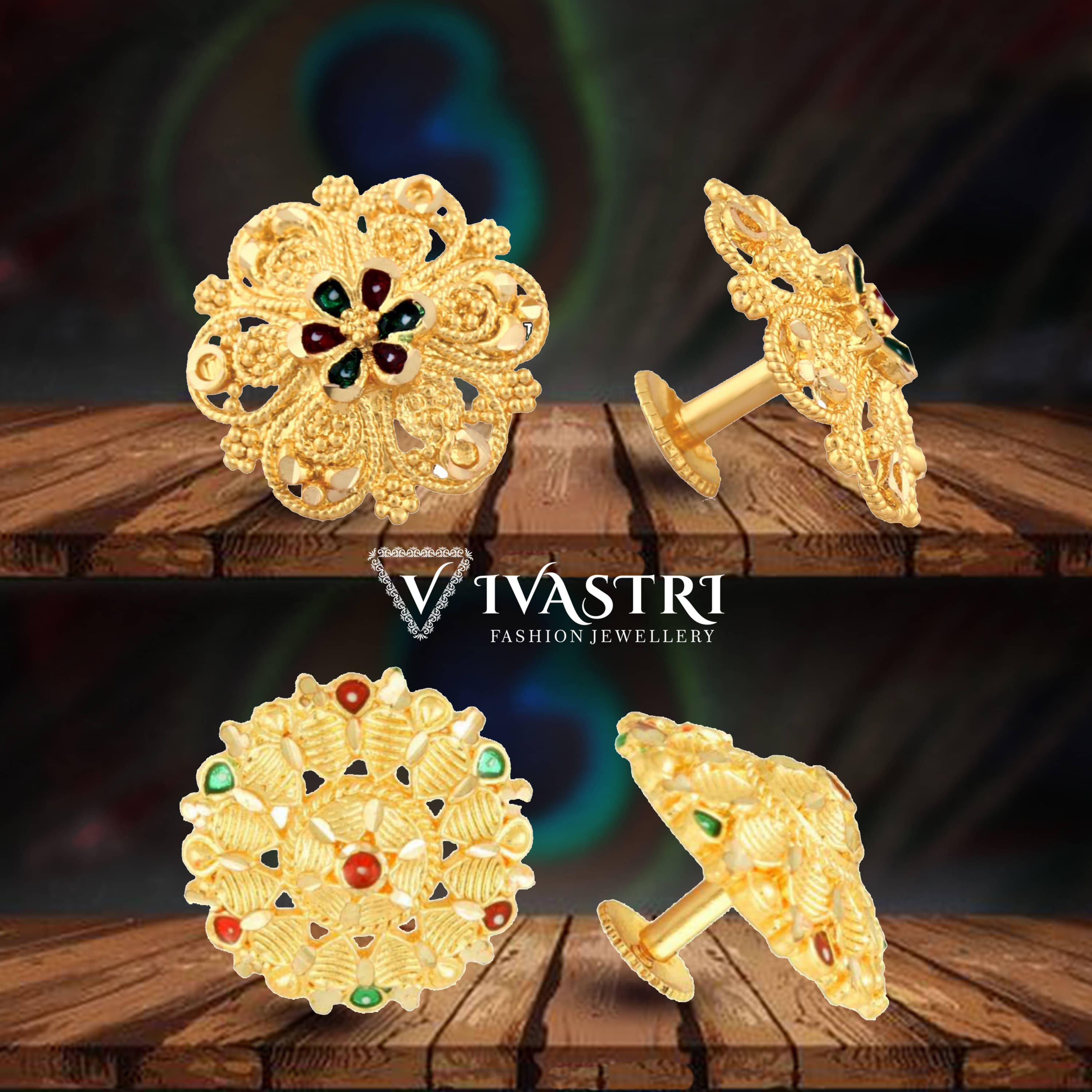     			VIVASTRI Golden Stud Earrings ( Pack of 2 )