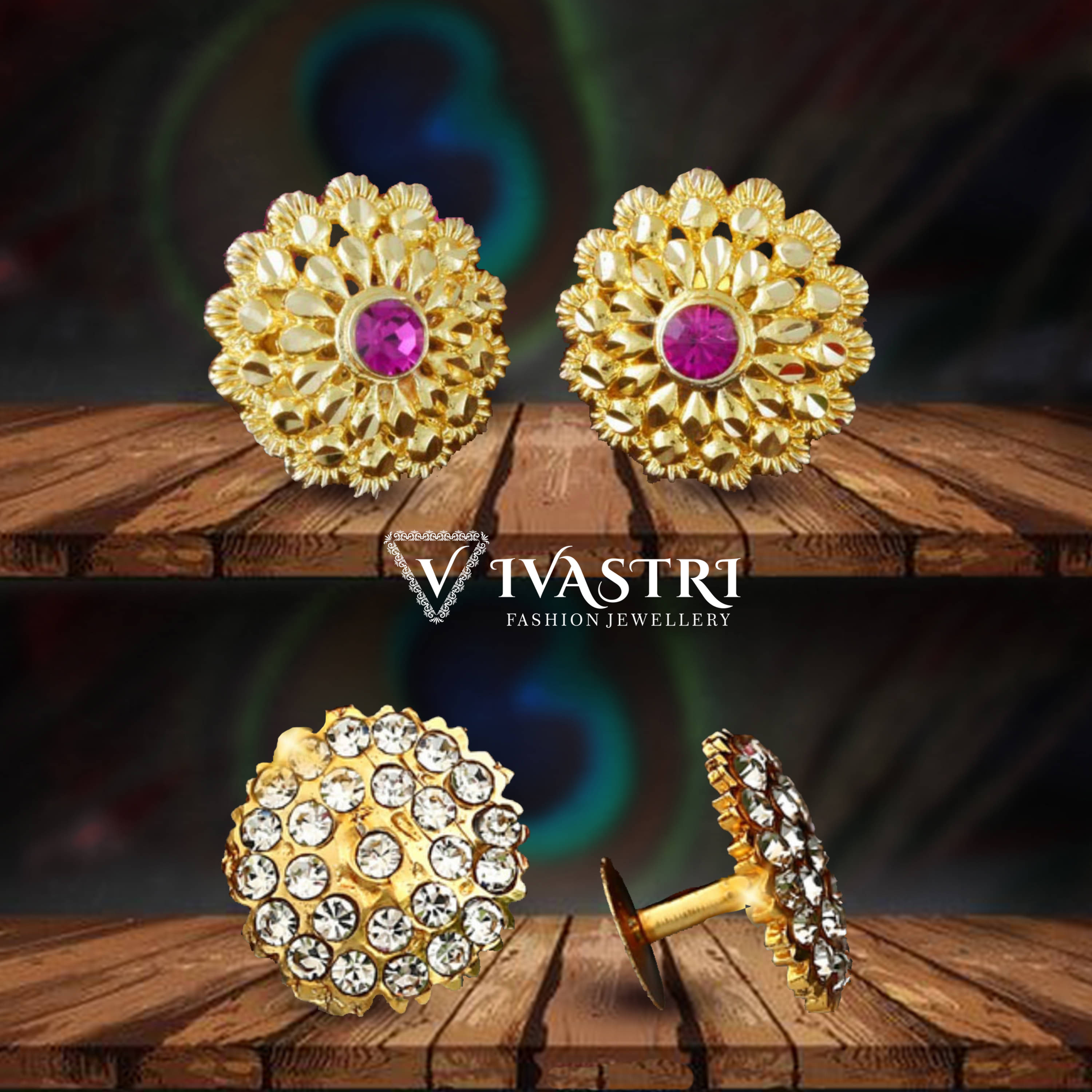     			VIVASTRI Golden Stud Earrings ( Pack of 2 )