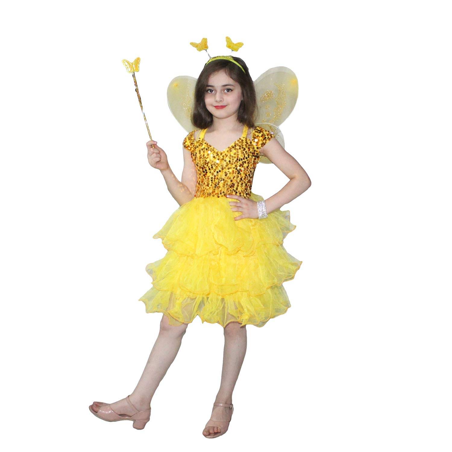     			Yellow Tu Tu Frock With Butterfly Wings & Wand For Girls Birthday Dress 5-6 Yrs