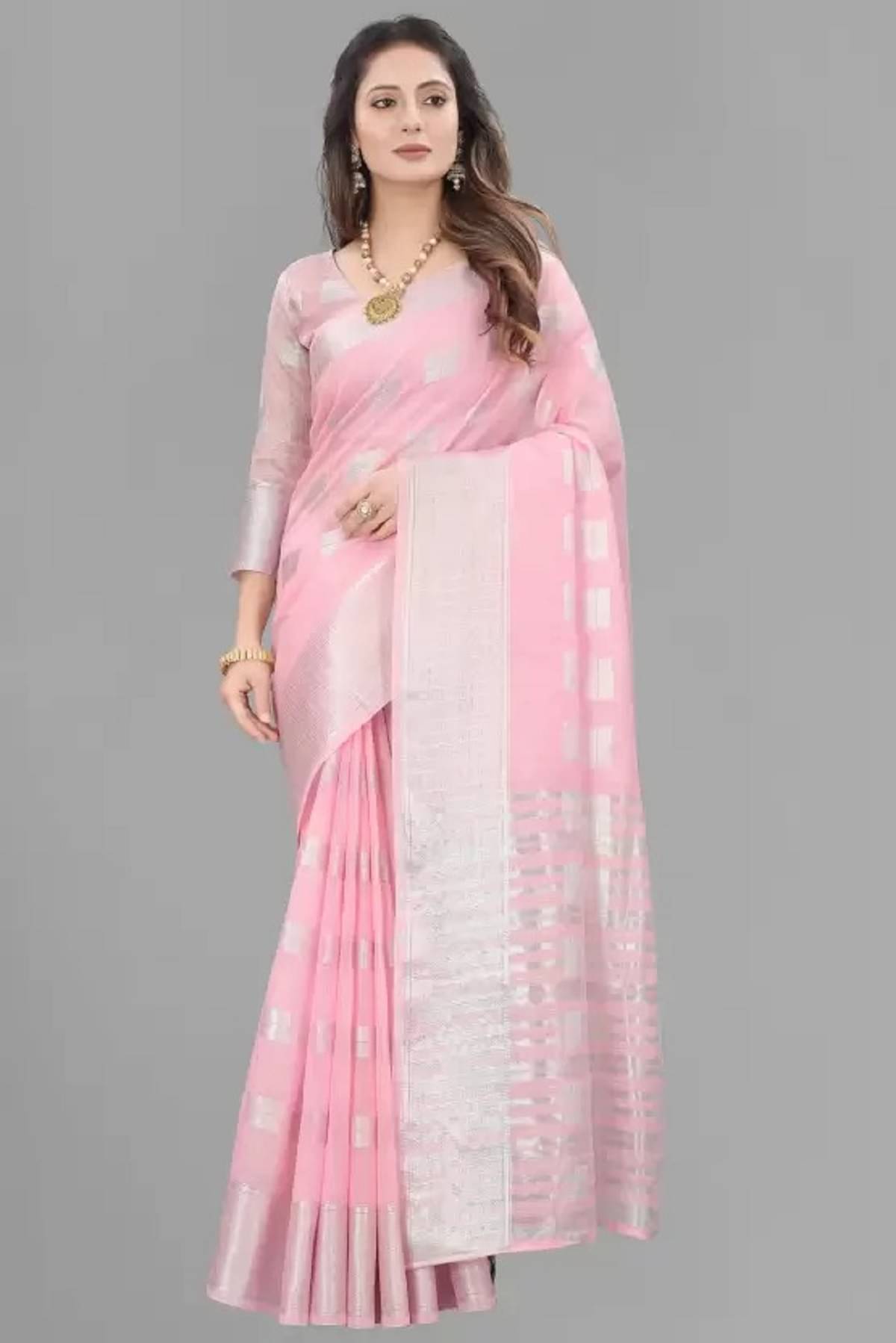 A TO Z CART Banarasi Silk Embellished Saree With Unstitched Blouse Piece ( Pink ) A TO Z CART Banarasi Silk Embellished Saree With Unstitched Blouse Piece ( Pink )