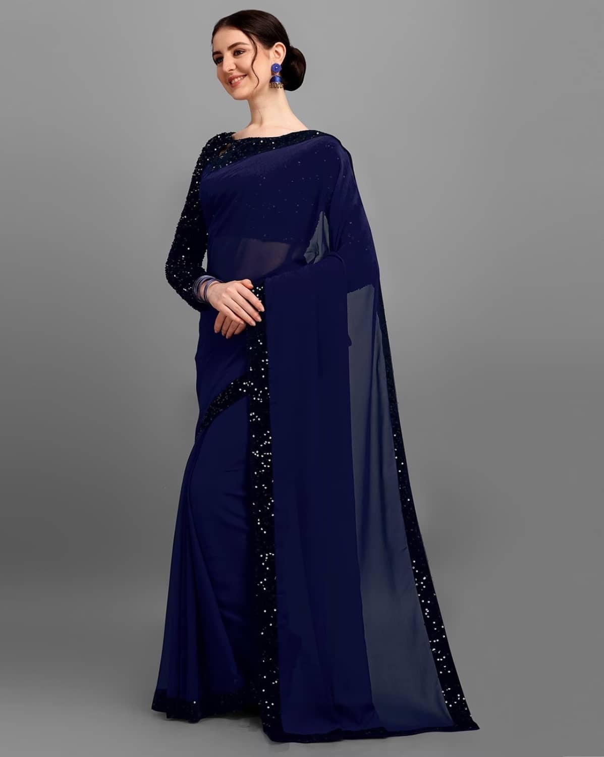 A TO Z CART Banarasi Silk Embellished Saree With Unstitched Blouse Piece ( Navy Blue ) - Sarees | Buy online on ZillyBuy