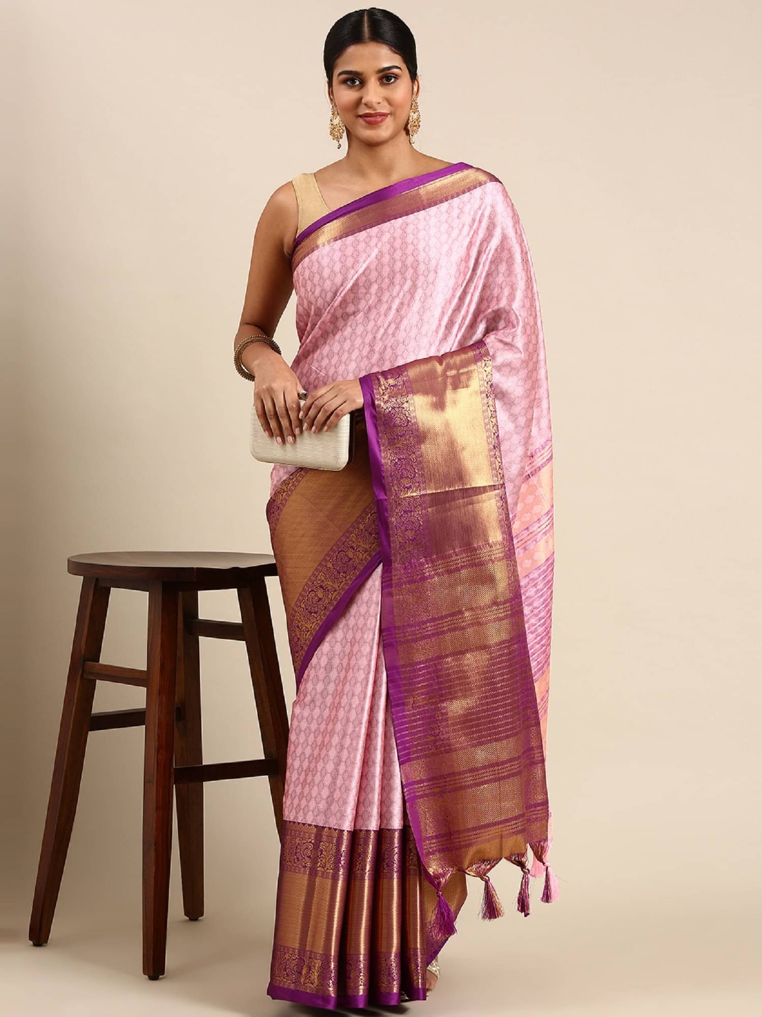     			A TO Z CART Cotton Silk Embellished Saree With Unstitched Blouse Piece ( Pink )